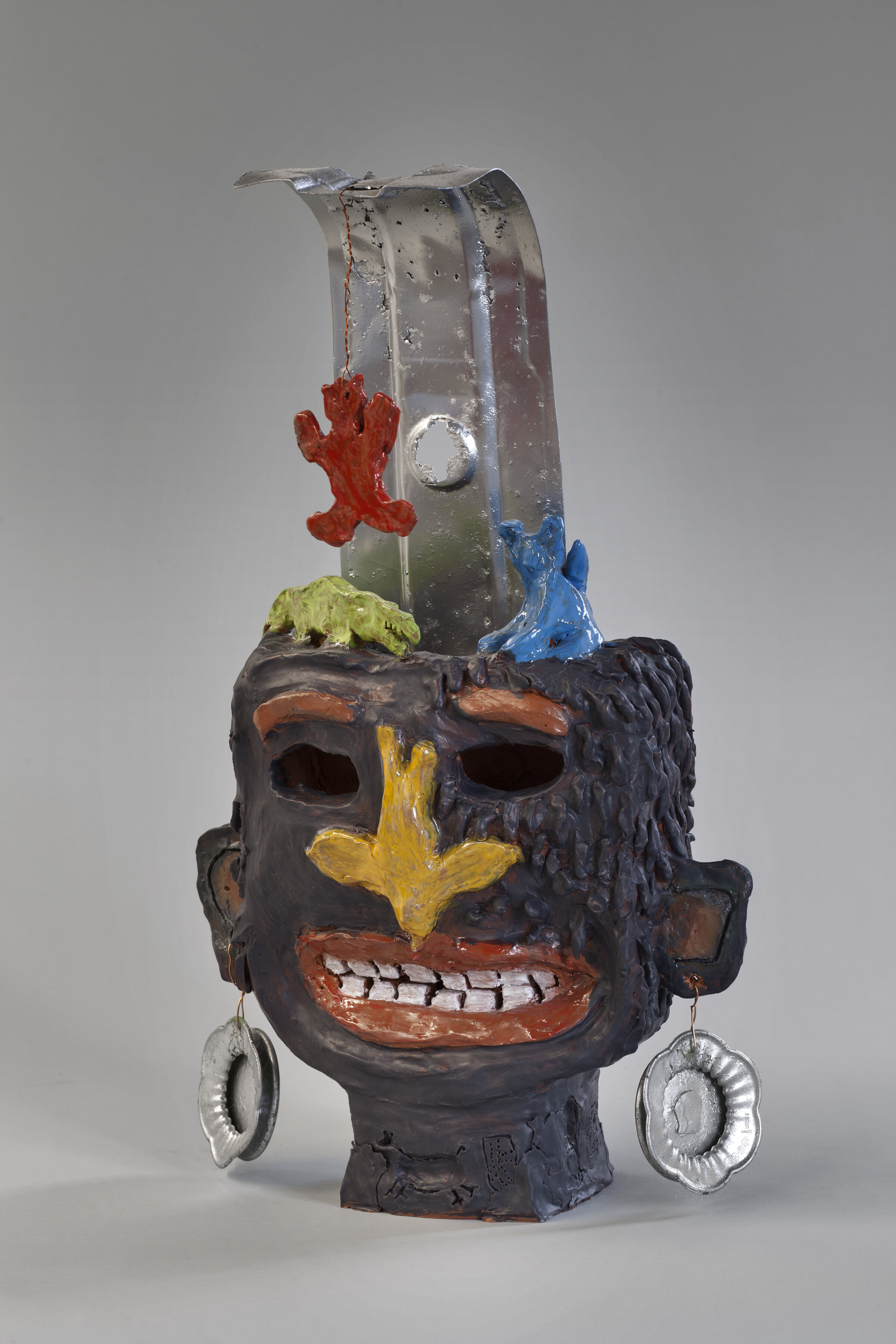   Messenger  Clay and glaze with found objects 24 x 14 x 6.25 in/ 60.9 x 35.5 x 15.8 cm 2021 
