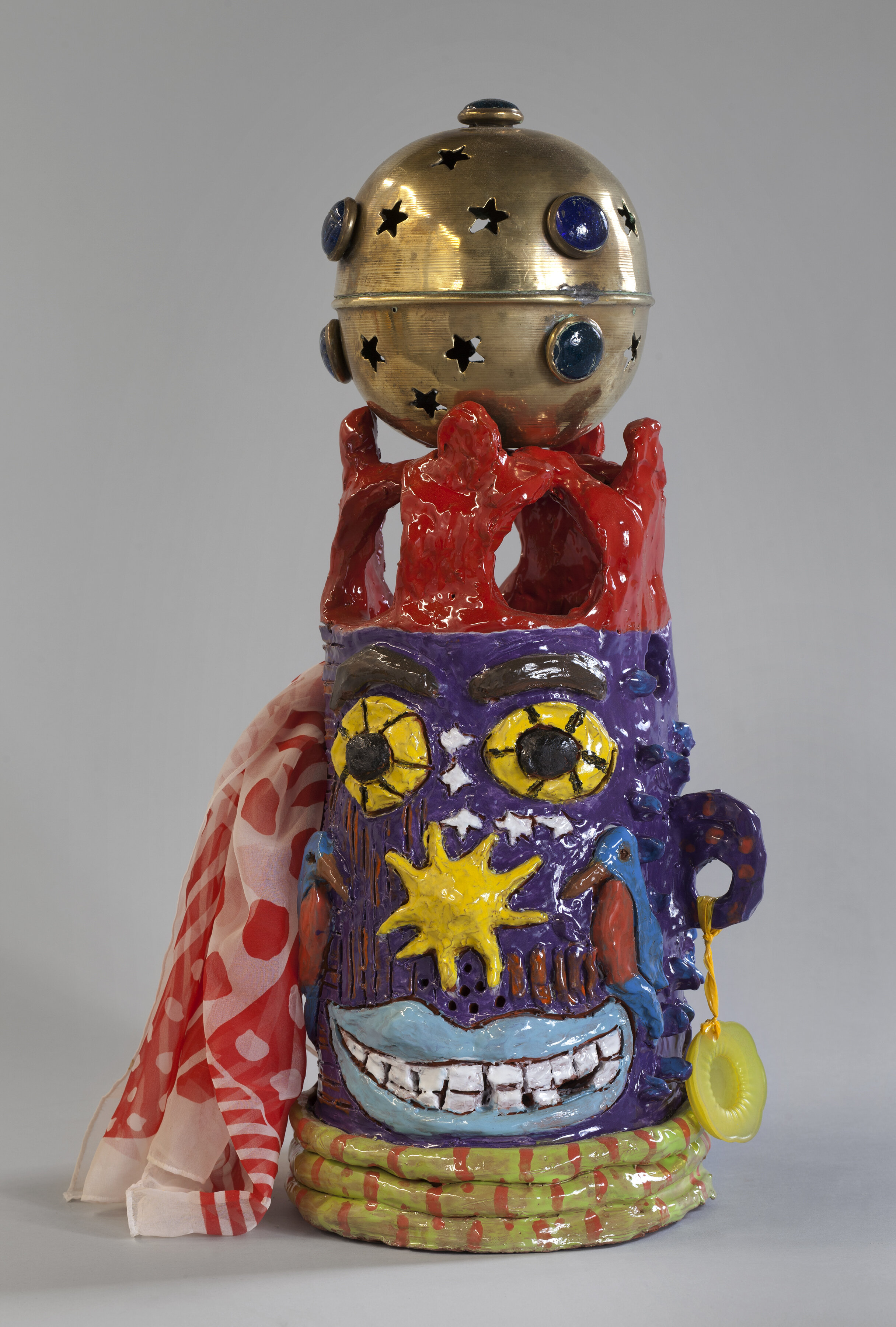   Royal  Figure  Clay, glaze with found objects, fabric and yarn 2021 
