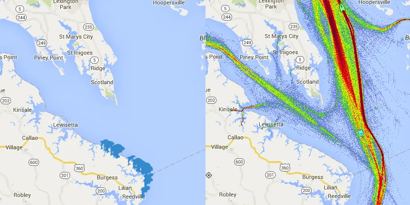 Figure 1. Map of dolphin sightings from 2015 (left, blue dolphin symbols represent a dolphin sightings) and shipping traffic from 2013–2014 (right, colors reflect a heat map, from green to red, of shipping traffic). Shipping map taken from www.marinetraffic.com