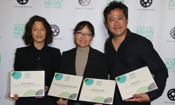 THE TEAM FROM ADVANTAGEOUS, WINNER OF MULTIPLE AWARDS AT THE 2015 LAAPFF, CELEBRATES ON CLOSING NIGHT AT THE DGA. FROM LEFT TO RIGHT: ACTRESS JACQUELINE KIM; DIRECTOR JENNIFER PHANG; COMPOSER TIMO CHEN. (PHOTO: STEVEN LAM)
