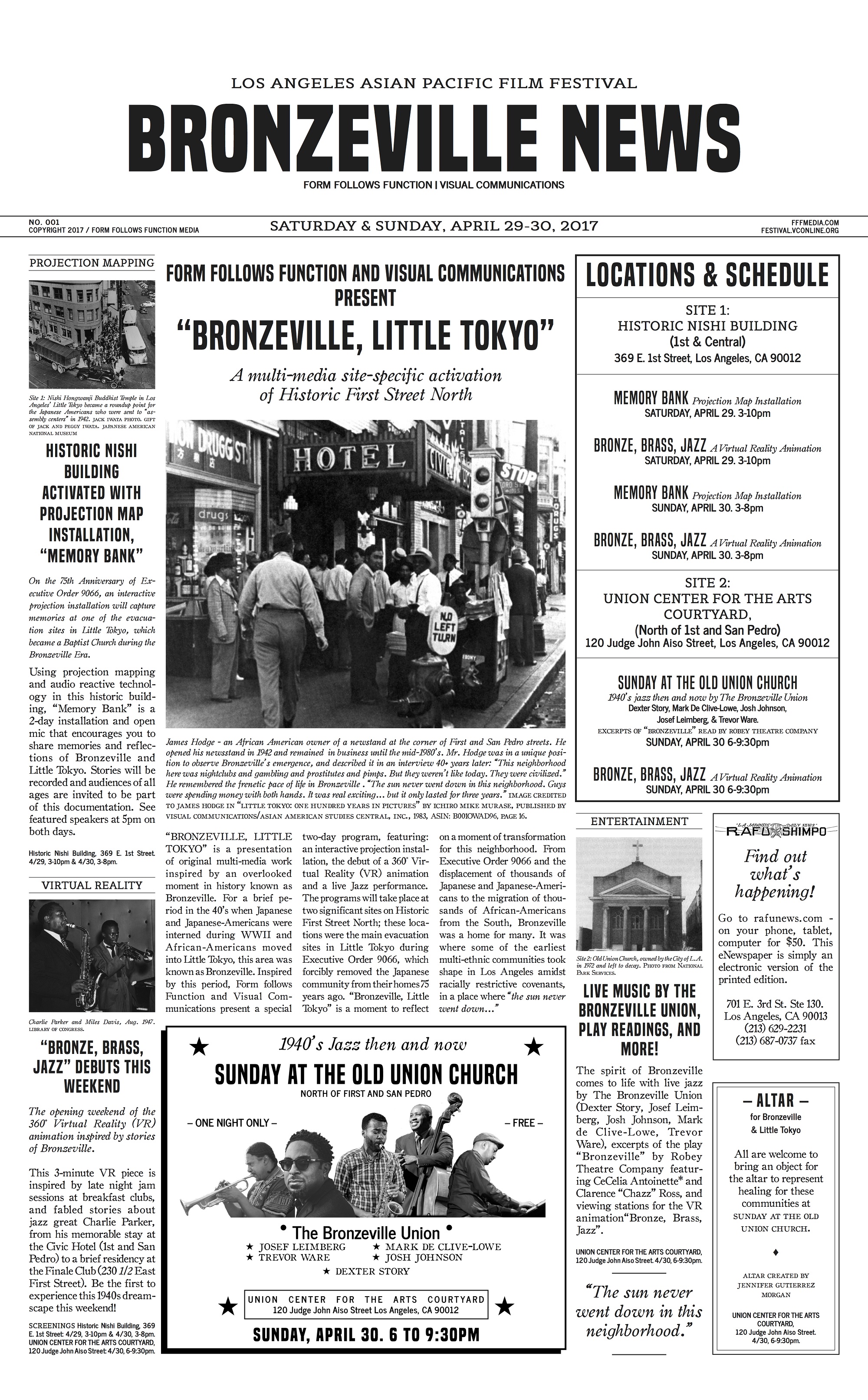 Front page of Bronzeville, Little Tokyo program art, a newspaper collaboration with Rafu Shimpo.