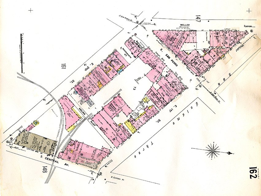 A view of Little Tokyo in the early 50s shows remnants of Bronzeville. (Sanborn Fire Insurance Atlas, Volume 2, Sheet 161, 1951