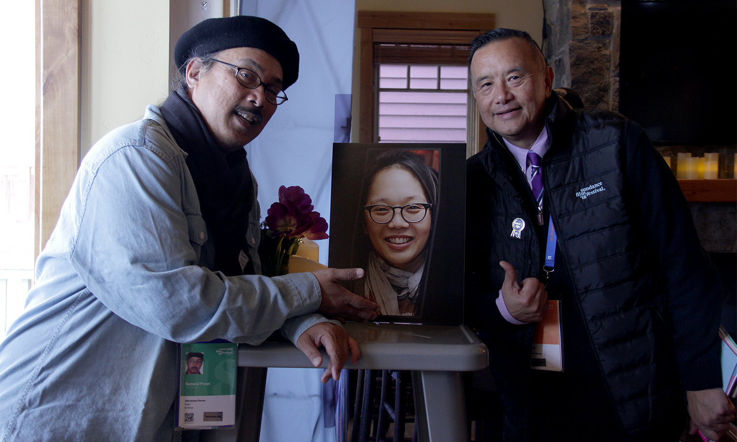  Visual Communications’ Abraham Ferrer and David Magdael of David Magdael &amp; Associates — the longest-tenured organizing members of the Asian Pacific Filmmakers Experience in Park City — recognize the work of the sadly-missed Irene Cho, a vital me