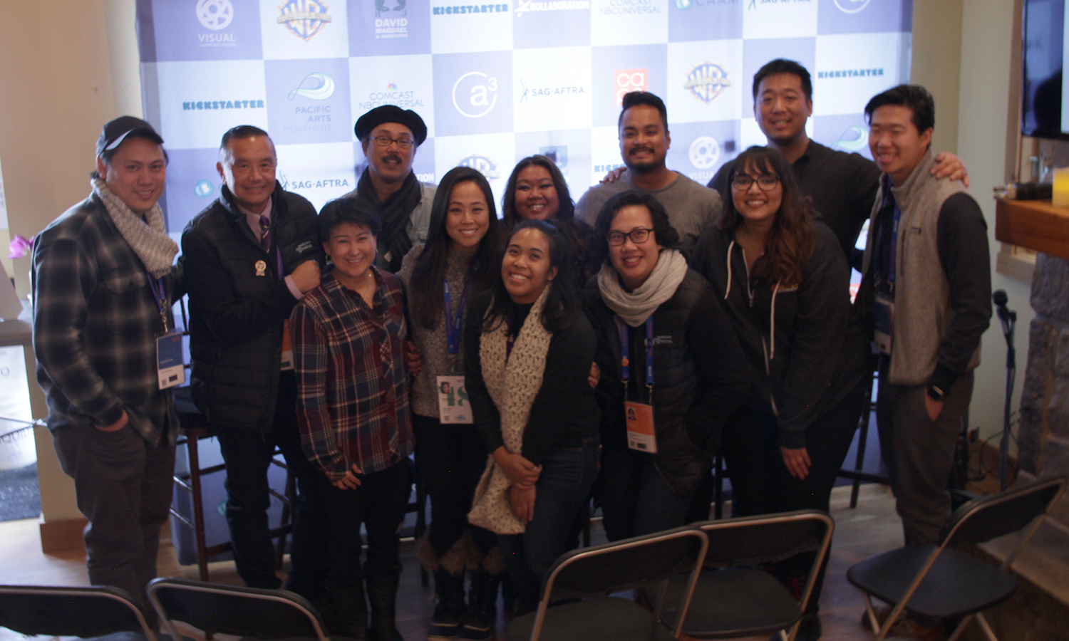  Director Jon M. Chu and Alex Wu of the Asian American Artists Foundation flank the team behind the 2018 Asian Pacific Filmmakers Experience in Park City (from left): David Magdael, Michelle Sugihara, Abraham Ferrer, Christine Minji Chang, Aubrey Mag