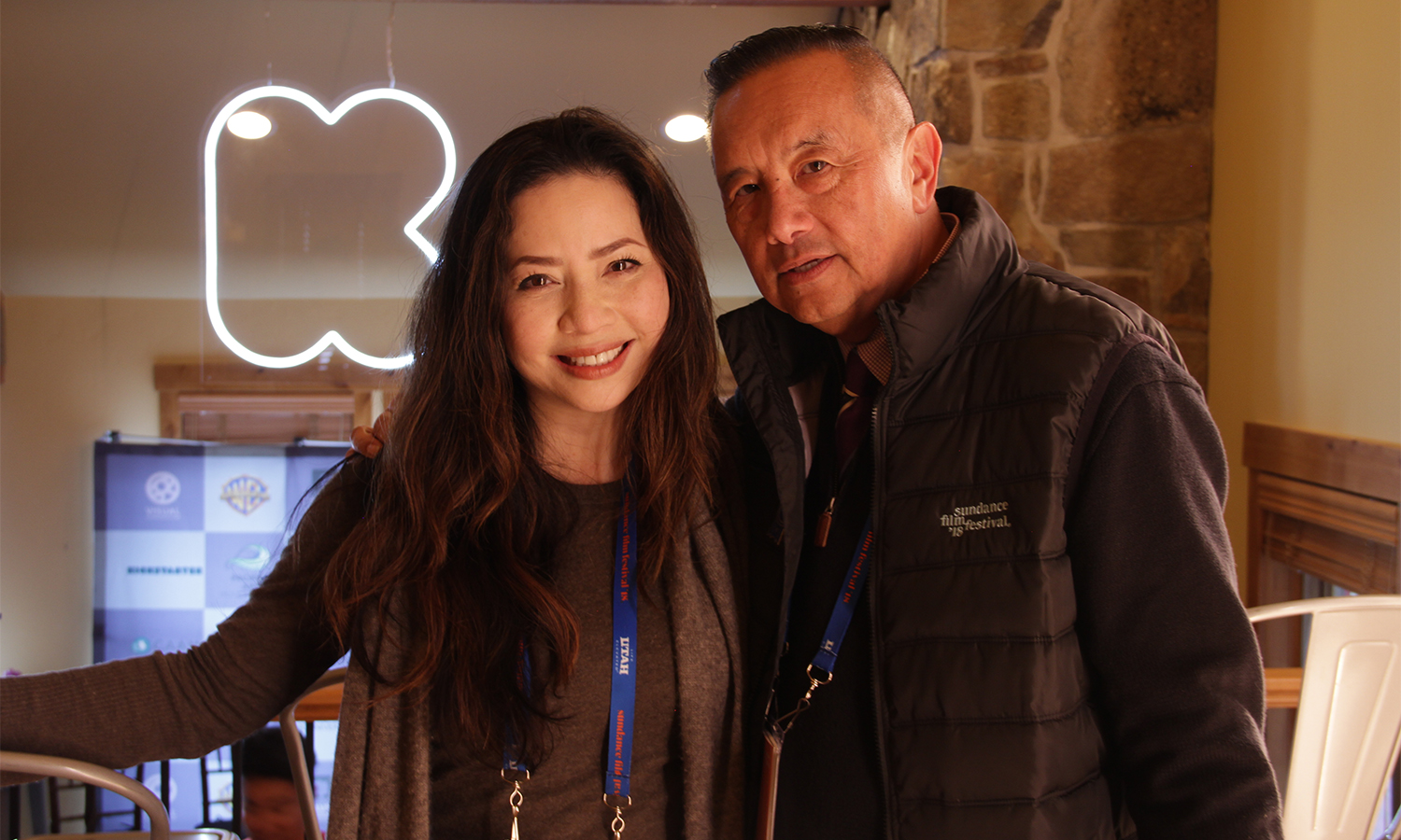  Notorious NYB Meets Irrepressible DMag: Uber-producer of the moment Nina Yang Bongiovi meets up with David Magdael in the “VIP” section overlooking the crowd at the Kickstarter Lodge. (Photo: Abraham Ferrer/Visual Communications Photographic Archive