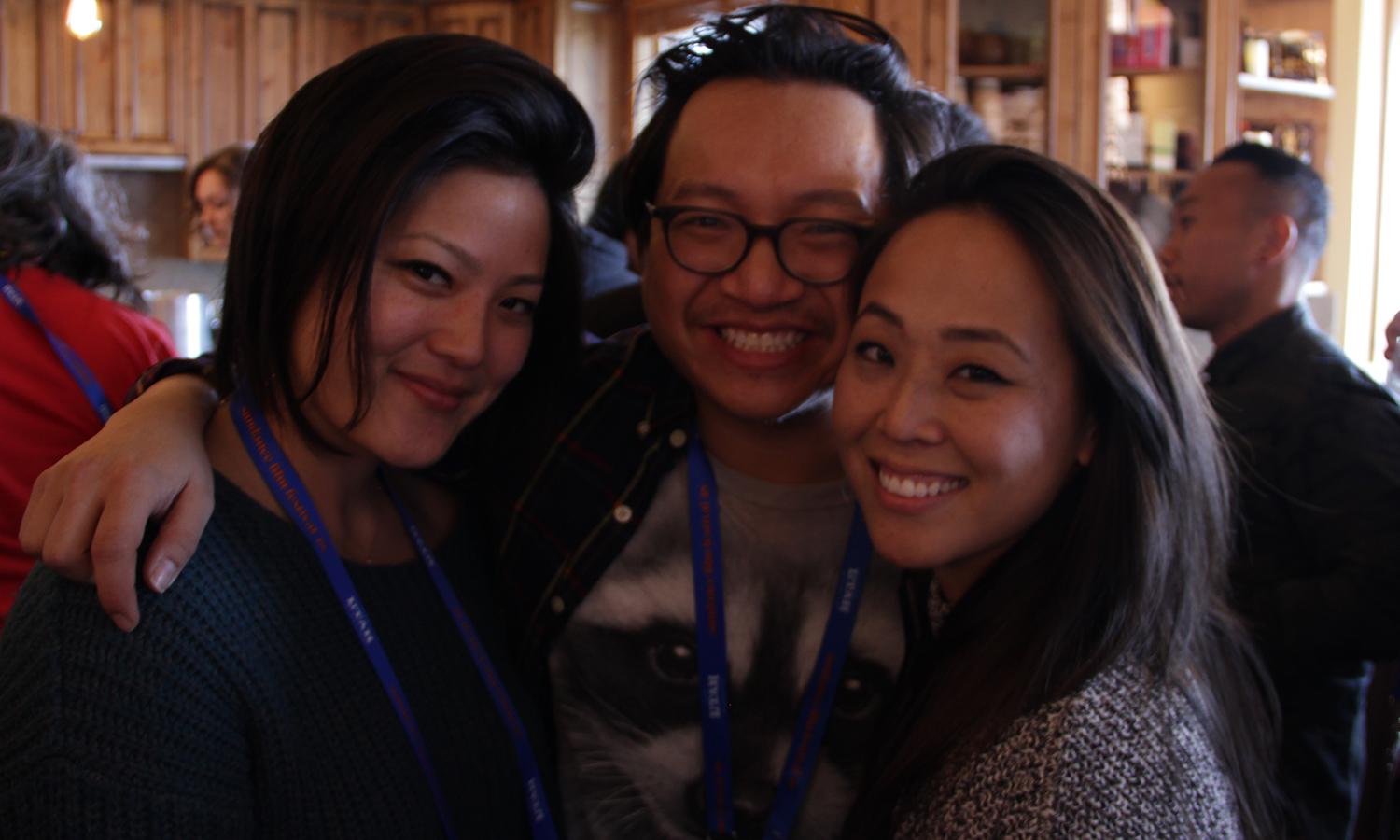  Kickstarter Lodge’s David Ninh greets panelist Tiffianie Hsu and Kollaboration’s Christine Minji Chang. (Photo: Abraham Ferrer/Visual Communications Photographic Archive) 