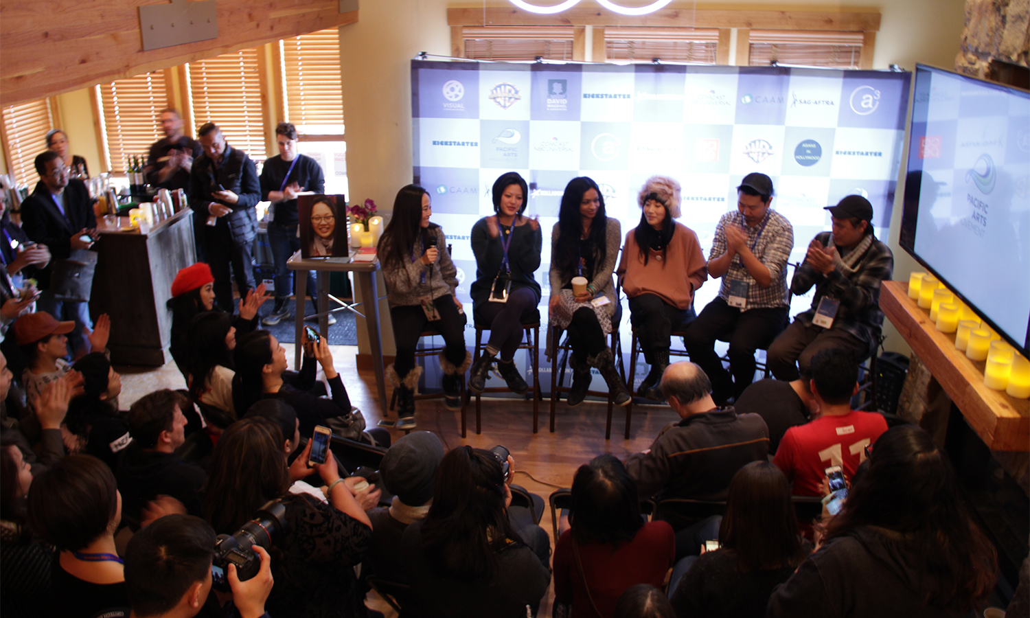  Kollaboration’s Christine Minji Chang moderates the afternoon panel, “#AsAmCreatorRollCall Fireside Chat” as part of the 14th Asian Pacific Filmmakers Experience in Park City at Kickstarter Lodge (from left): Chang, Tiffanie Hsu, Gingger Shankar, Vi