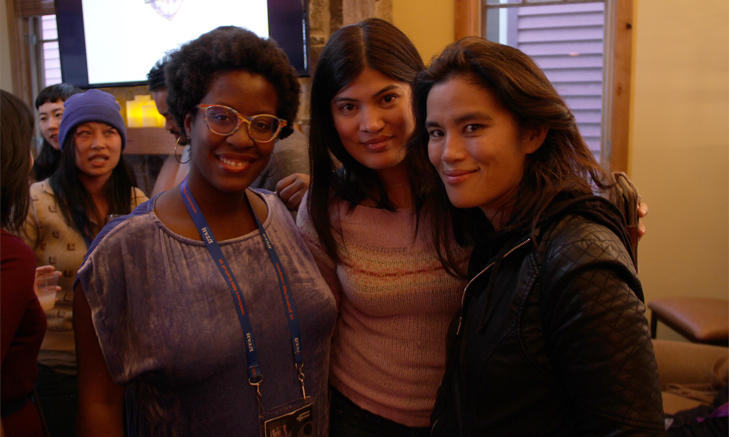  Kickstarter Lodge’s Iyabo Boyd is greeted by filmmakers Valerie Castillo Martinez and Diane Paragas. (Photo: Abraham Ferrer/Visual Communications Photographic Archive) 
