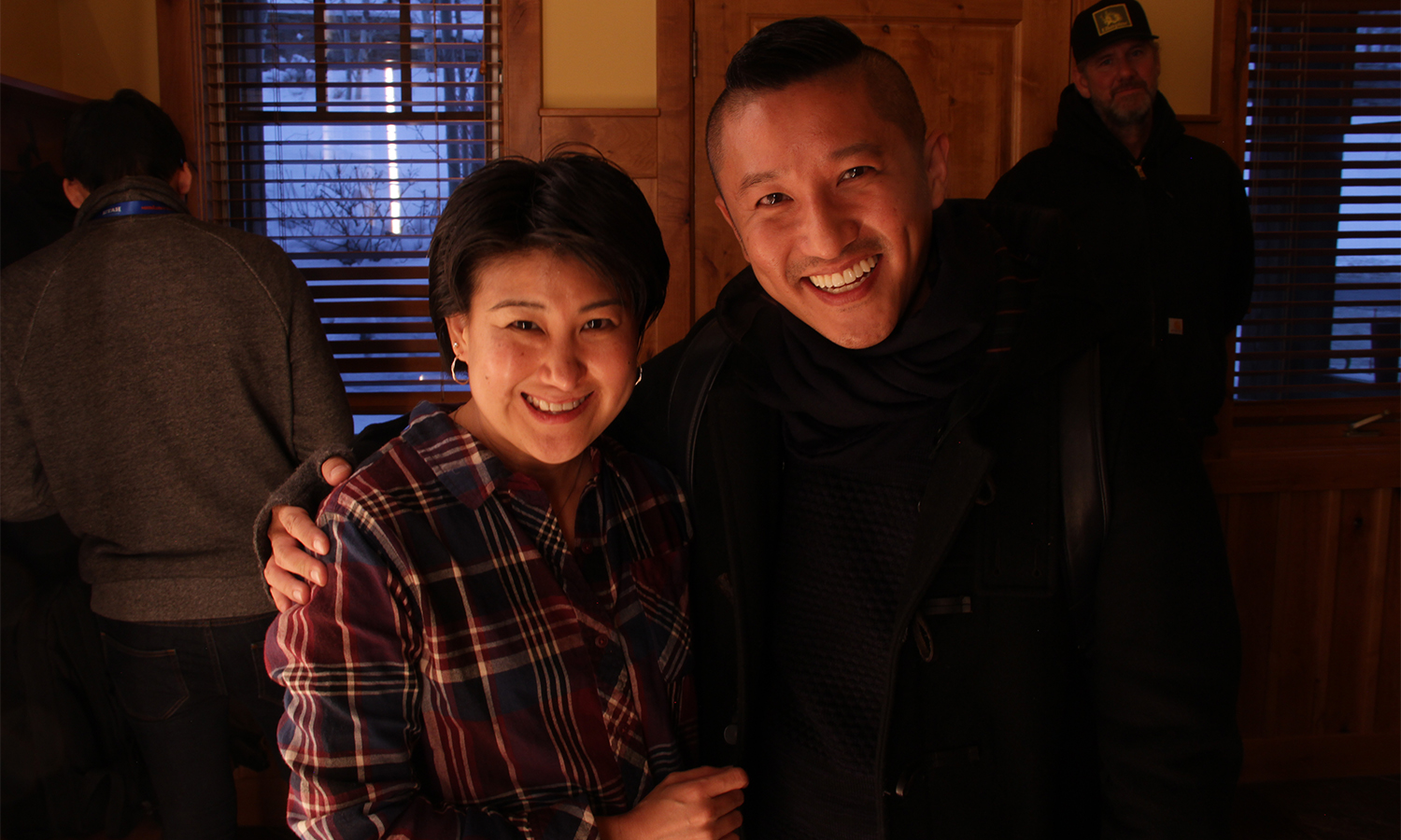  CAPE’s Michelle Sugihara bids a fond farewell to one of the many guests of a successful Asian Pacific Filmmakers Experience in Park City. (Photo: Abraham Ferrer/Visual Communications Photographic Archive) 