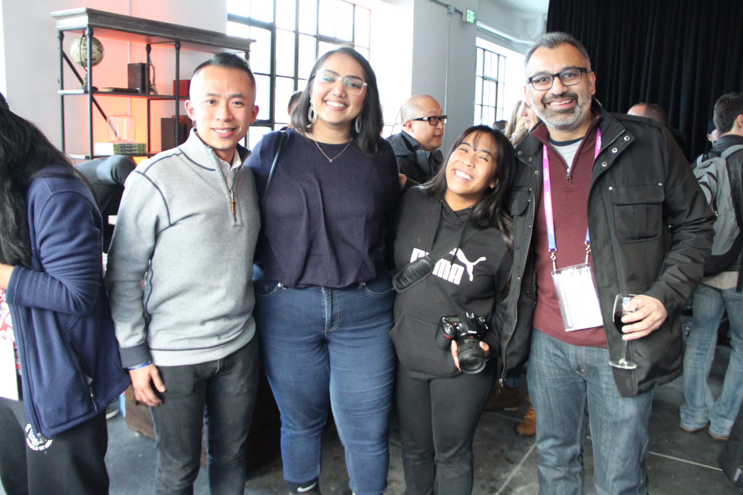  At the RYOT &amp; VICE Studios Lounge, Kollaboration L.A.’s Manpreet Kaur and Aubrey Magalang welcome publicist and San Francisco Film Commissioner Jack Song and filmmaker Soham Mehta. (Photo: Abraham Ferrer/Visual Communications Photographic Archiv