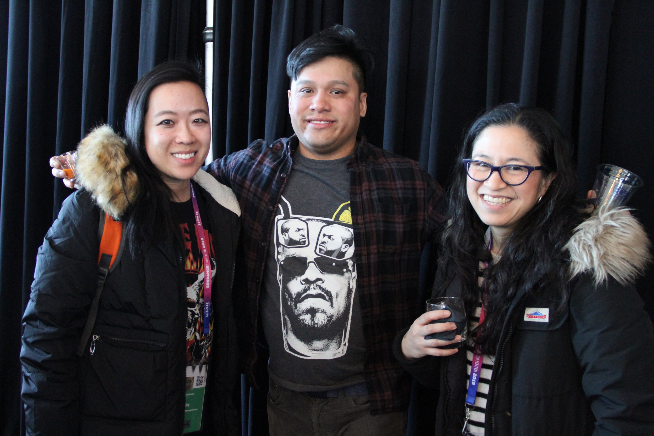  At the RYOT &amp; VICE Studios Lounge, documentary/transmedia filmmaker Sue Ding greets Kenny Penguin and journalist Ann Marie Baldonado. (Photo: Abraham Ferrer/Visual Communications Photographic Archive)     