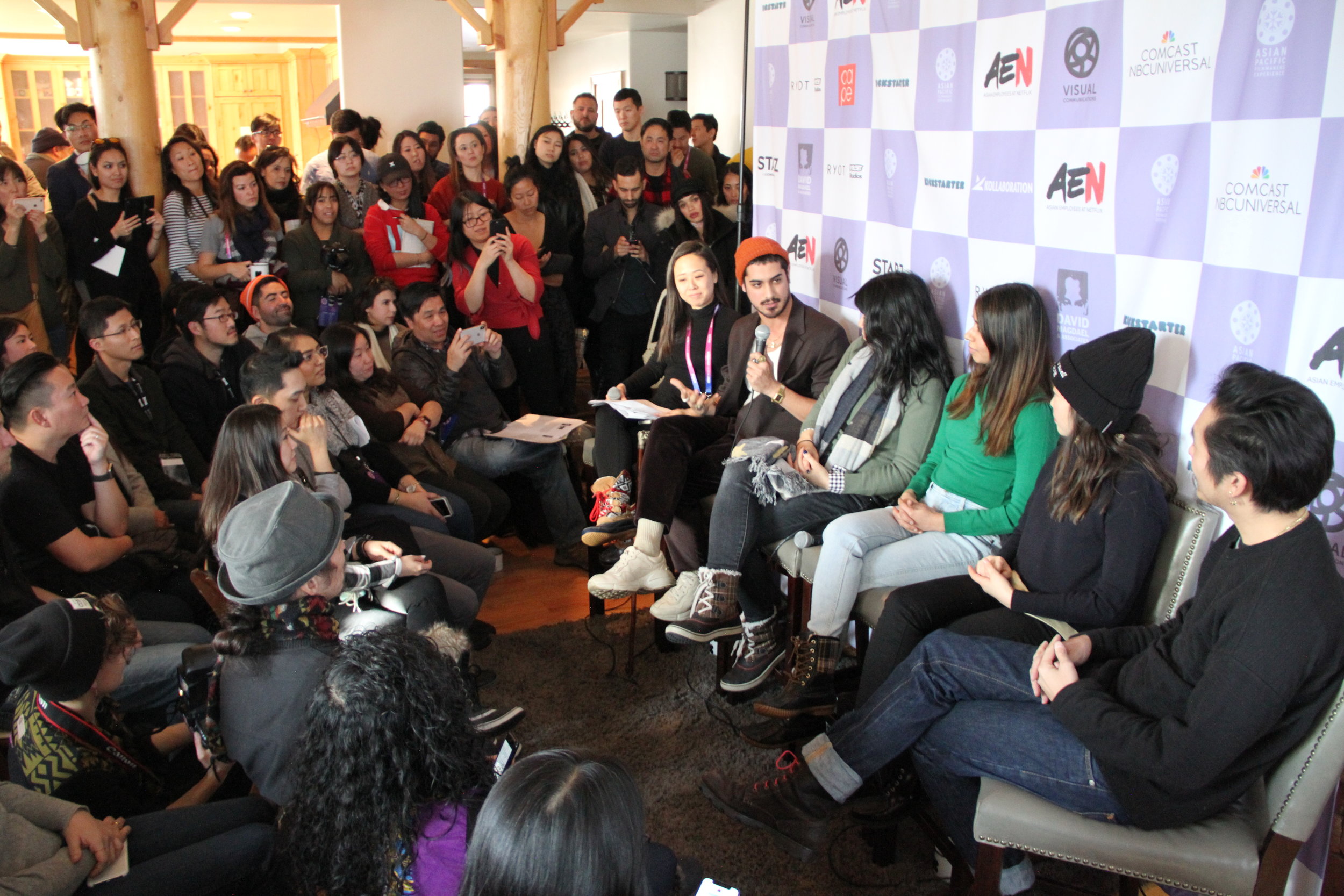  With a packed Kickstarter Lodge looking on, #APAParkCity Committee member Minji Chang gets things started by challenging the panelists to offer their forecasts for what 2019 holds for Asian Pacific filmmakers and creative artists. (Photo: Abraham Fe