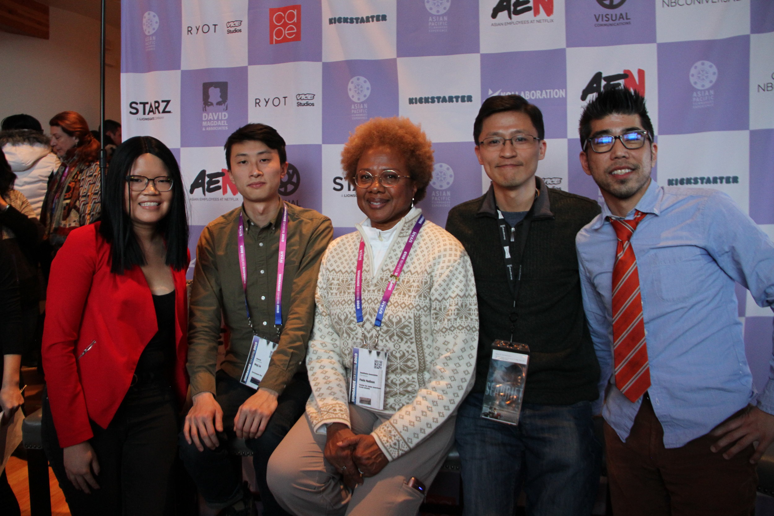  All Done! The party gets started at Kickstarter Lodge, but not without a group picture (from left); moderator Traci Lee, director Bing Liu (MINDING THE GAP), Paula Madison (board member, Center for Asian American Media), director Tim Tsai (SEADRIFT)