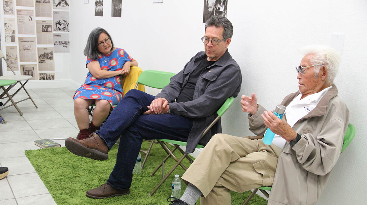  Local author Naomi Hirahara chats up Sessue Foster and Hank Umemoto as part of the program “Shifting Grounds,” which kicked off the CENTERING THE MASSES mini-series BULL &amp; PUPPY: CURIOUS CONVERSATIONS WITH STORYTELLERS. (Photo: Abraham Ferrer/Vi