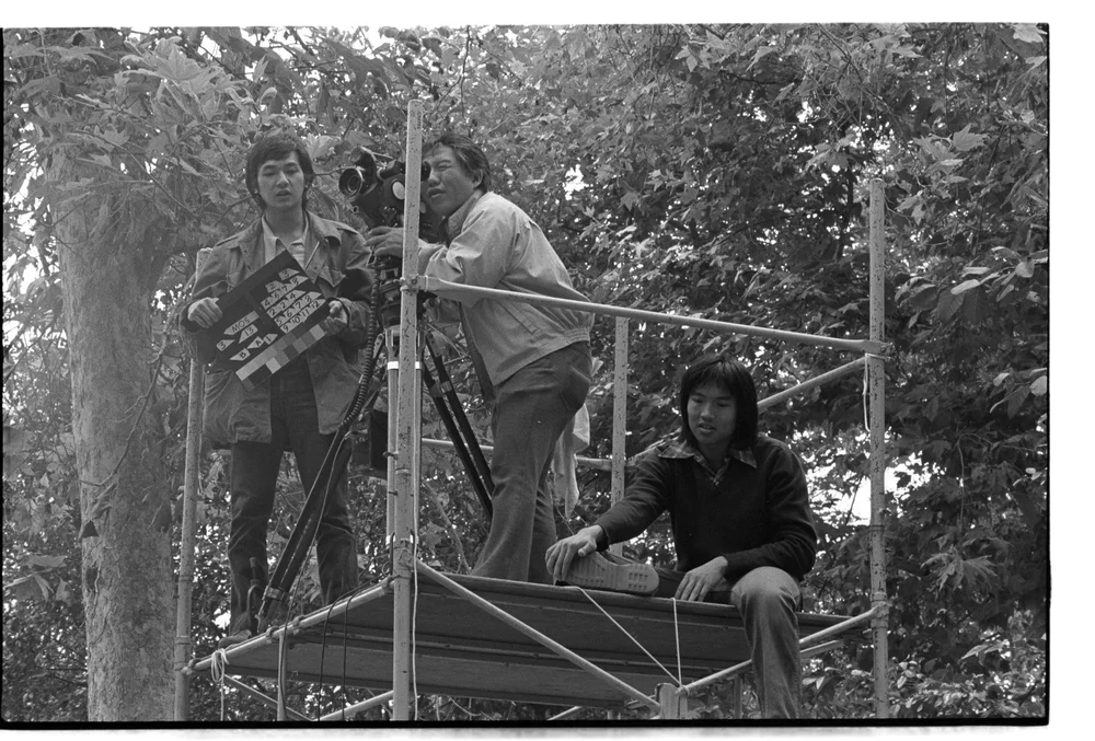  As part of a UCLA Film School field exercise in Los Angeles' Griffith Park, members of a team composed of Visual Communications staffers and students shoot a project directed by Alan Kondo. (Visual Communications) 
