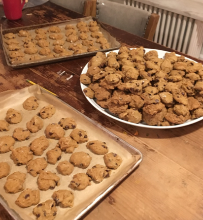 Our creative attempt to try to use as much of said squash as possible. Pictured is 500 acorn squash cookies with chocolate chips and sea salt.