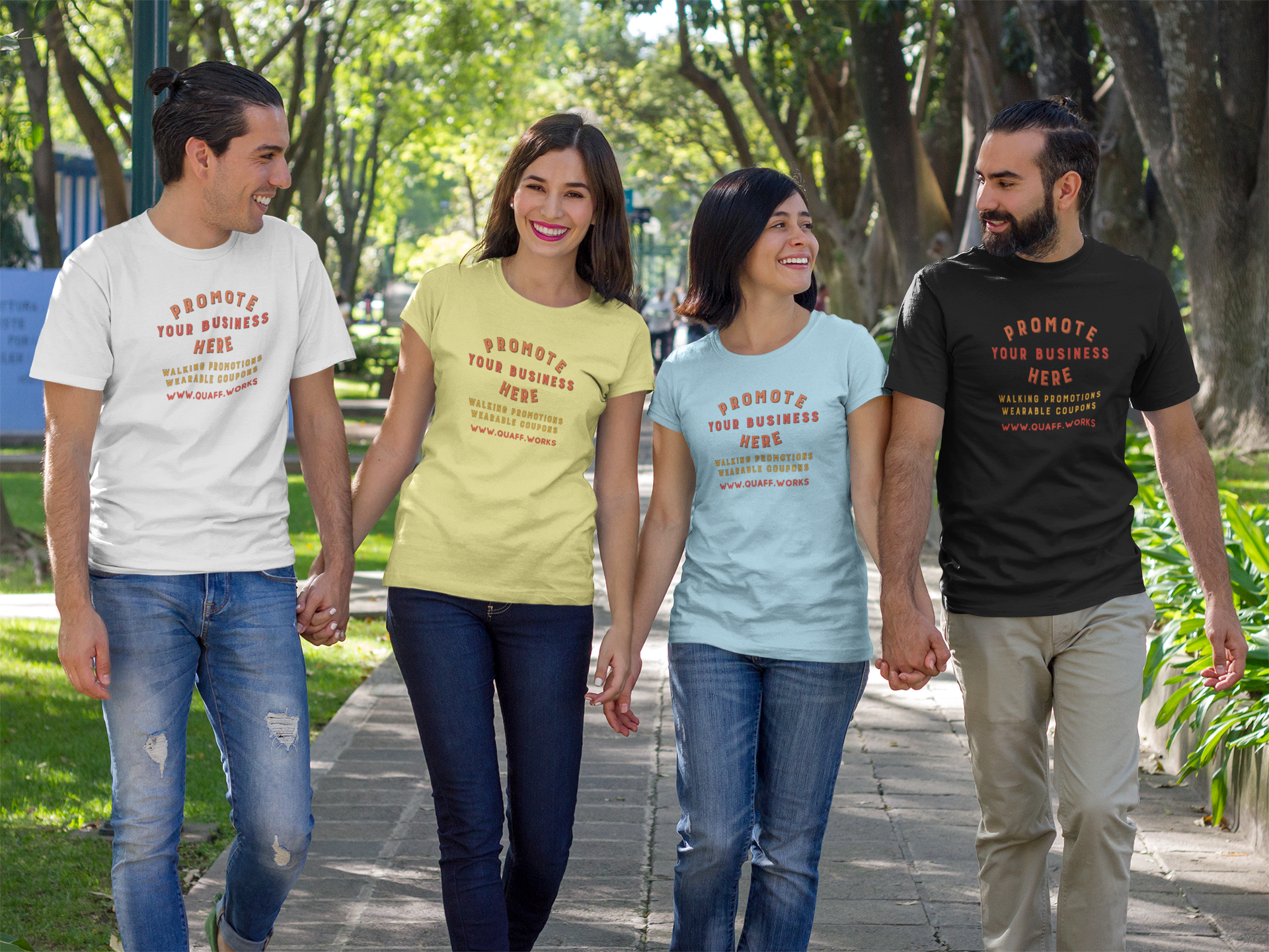 group-of-two-couples-walking-and-talking-at-a-park-while-wearing-different-t-shirts-template-a15685.png