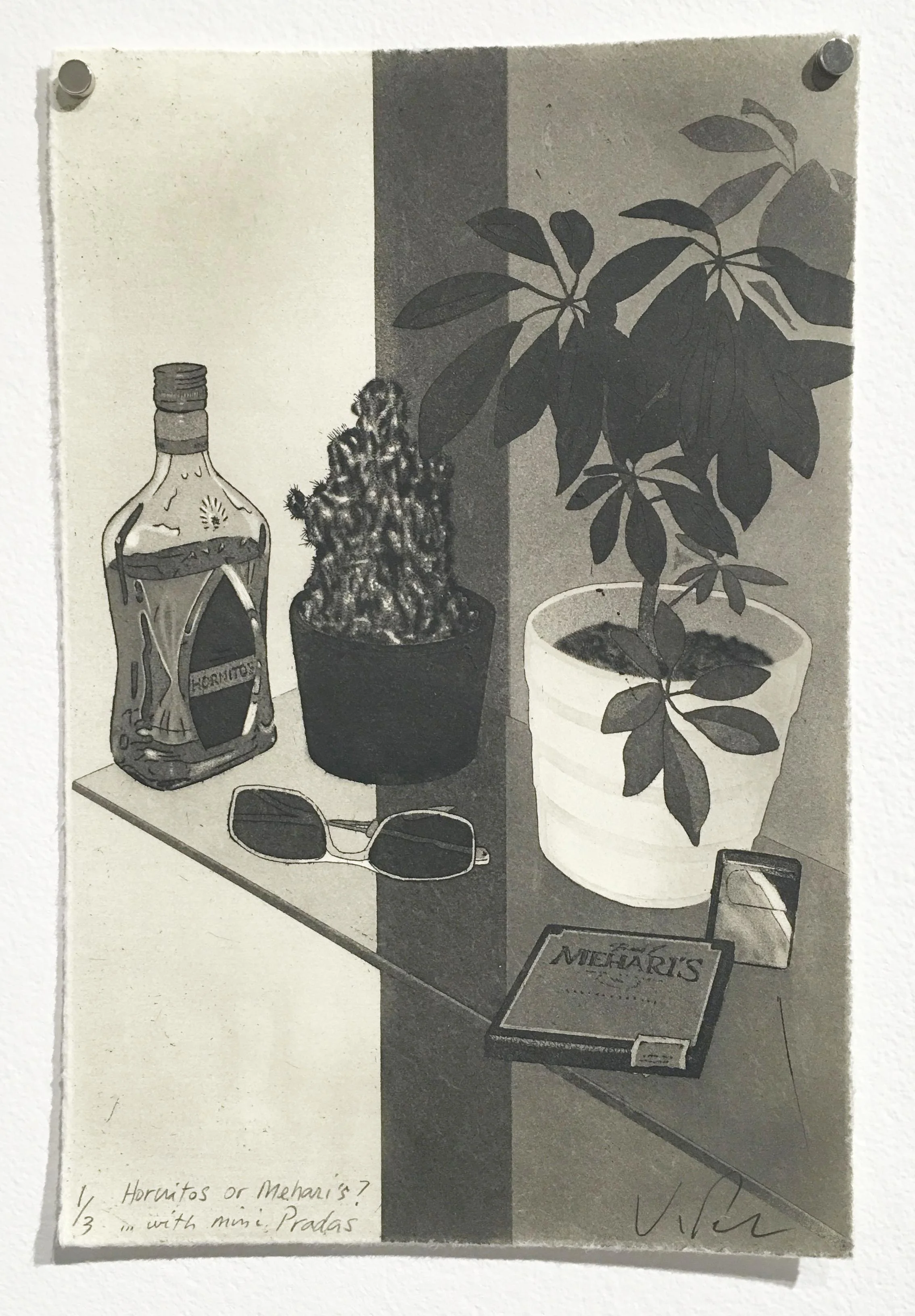 First Prize – Kurt Pammer, Hornitos or Mehari's? in with mini Pradas (2014), aquatint, etching, drypoint