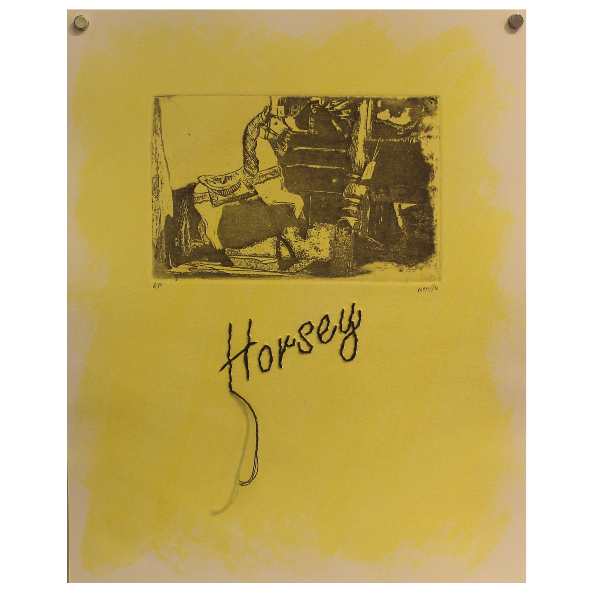 Mary Kroetsch, Horsey, 2016, PCB transfer copper plate etching, fabric dyed paper, stitching