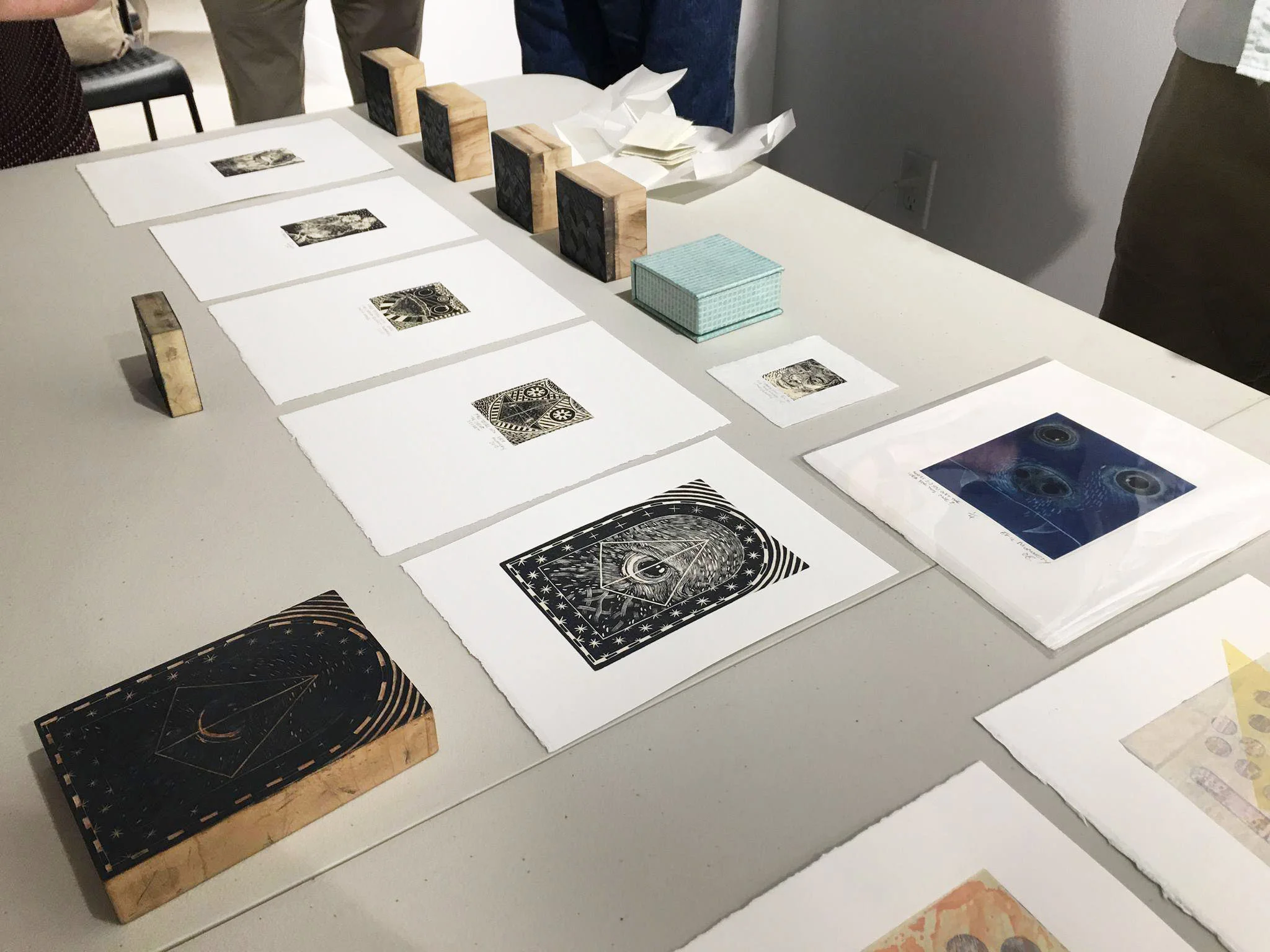 A closeup of some of Eric's wood engravings and lithography