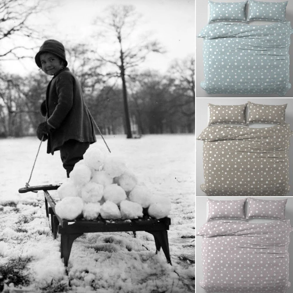 Having a little fun in the snow. 3 Snowball Designs are now available at Spoonflower. Little Gwen Bearn pulls her sledge laden with snowballs across London's Hampstead Heath one snowy morning. 29th December 1931. (Photo by Fox Photos/Getty Images) ht