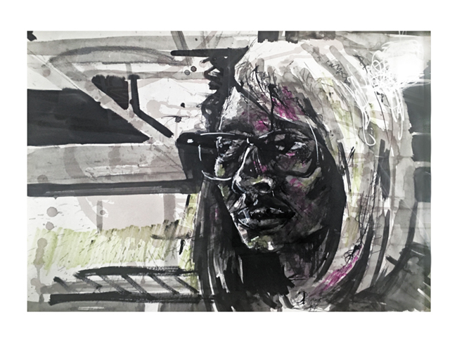 SELF PORTRAIT 24"x18" Ink, marker, whiteout pen and wine on paper Using diluted ink and red wine as a wash, I was able to create a sense of atmospheric space around the head. Bold diagonals, hot highlights, and flashes of pink and green can be found throughout.