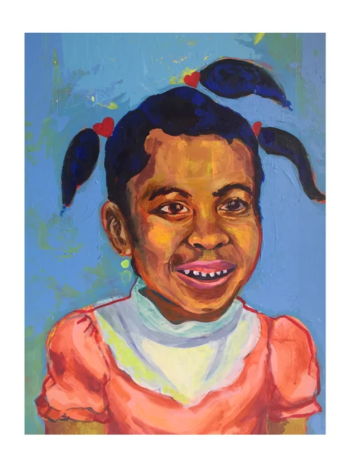 DANIELLE 17 1/2" x 28" Acrylic on wood panel I found a kindergarten school picture of my sister and decided to re-imagine it as a painting. When you’re small and young, it seems like there’s space for every possibility and smiles come easily. The empty blue area in the painting symbolizes vast space waiting to be filled with childhood possibilities.