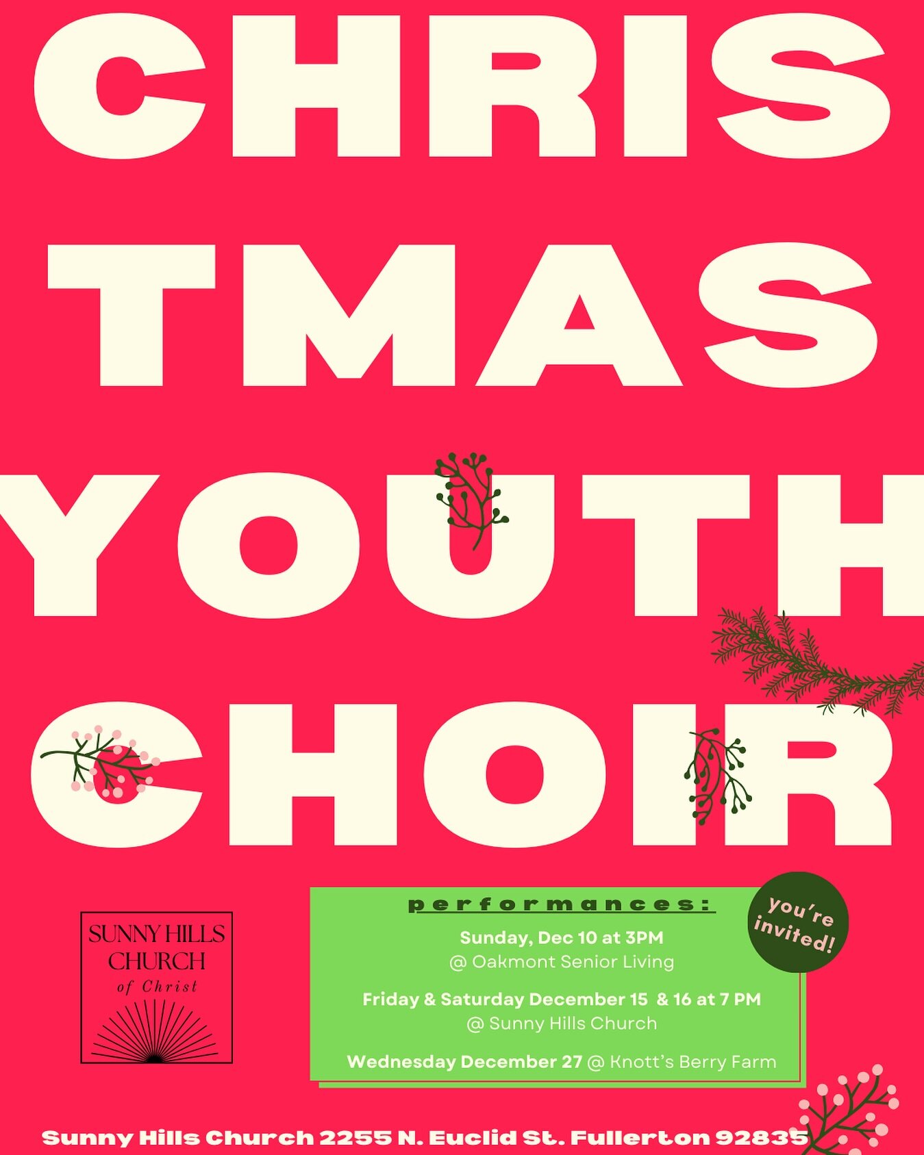 𝐂𝐡𝐫𝐢𝐬𝐭𝐦𝐚𝐬 𝐘𝐨𝐮𝐭𝐡 𝐂𝐡𝐨𝐢𝐫

Come support our talented group of students at their upcoming choir performances! They have two performances at the church this weekend on the 15th and 16th at 7pm, as well as a performance at Knott&rsquo;s B