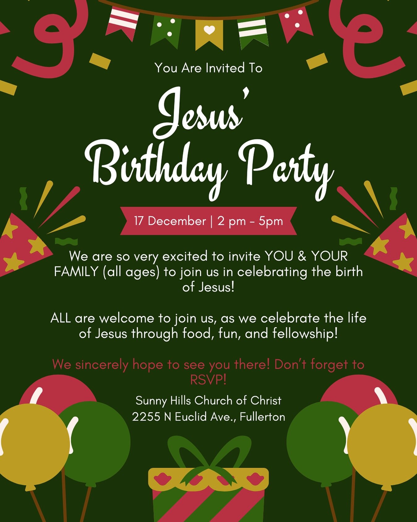 𝐉𝐞𝐬𝐮𝐬&rsquo; 𝐁𝐢𝐫𝐭𝐡𝐝𝐚𝐲 𝐏𝐚𝐫𝐭𝐲

YOU are invited to Jesus' Birthday Party! 

We are so very excited to invite YOU &amp; YOUR FAMILY (all ages) to join us in celebrating the birth of Jesus! ALL are welcome to join us, as we celebrate the
