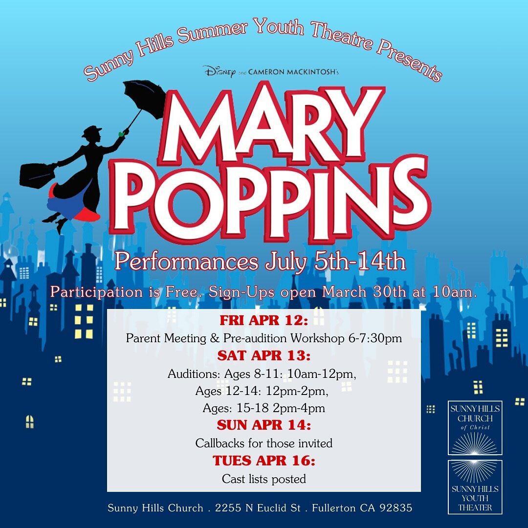 𝐒𝐮𝐧𝐧𝐲 𝐇𝐢𝐥𝐥𝐬 𝐒𝐮𝐦𝐦𝐞𝐫 𝐘𝐨𝐮𝐭𝐡 𝐓𝐡𝐞𝐚𝐭𝐫𝐞 𝐏𝐫𝐞𝐬𝐞𝐧𝐭𝐬&hellip;
MARY POPPINS 

☂️

Performances: July 5th-14th

🐧

Registration opens March 30th at 10am. You will be able to find the sign-up sheet on our website and LinkTree.

