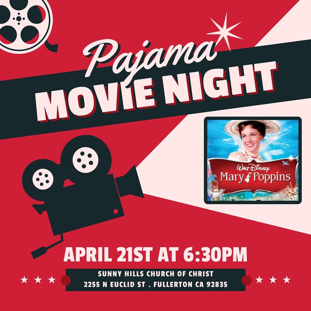 𝐏𝐨𝐩𝐩𝐢𝐧𝐬 𝐏𝐚𝐣𝐚𝐦𝐚 𝐌𝐨𝐯𝐢𝐞 𝐍𝐢𝐠𝐡𝐭

Hello friends! Join us for a Mary Poppins, popcorn, &amp; pjs Movie Night on Saturday, April 21st! We will start the movie promptly at 6:30pm, but feel free to join us as early as 6pm to hang out and