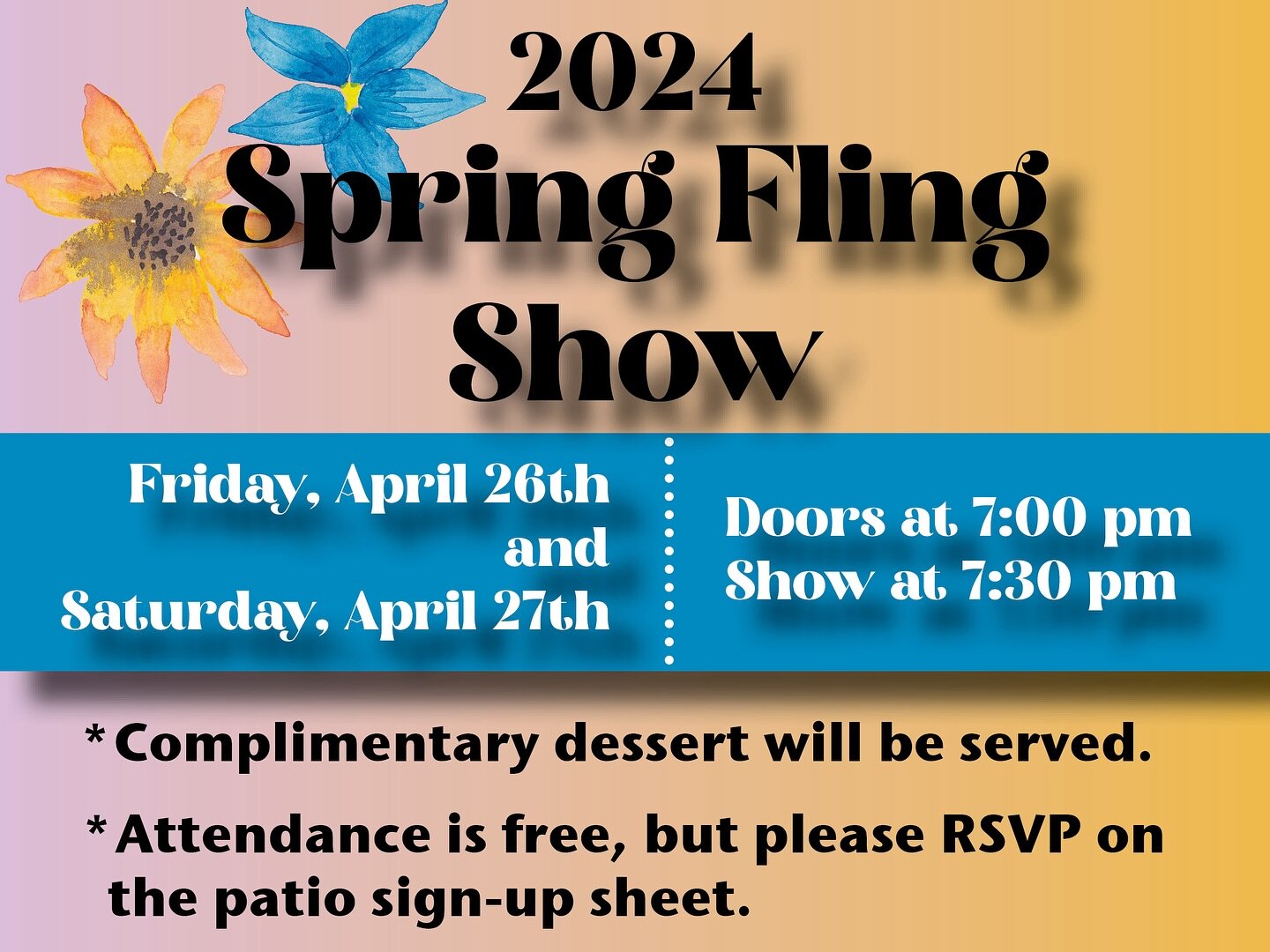 𝐒𝐩𝐫𝐢𝐧𝐠 𝐅𝐥𝐢𝐧𝐠 𝐒𝐡𝐨𝐰

Hello friends and family! We are so excited to invite you to our Spring Fling variety show happening later this month. Our cast is made up of our church family and close friends, and we would be delighted to have you