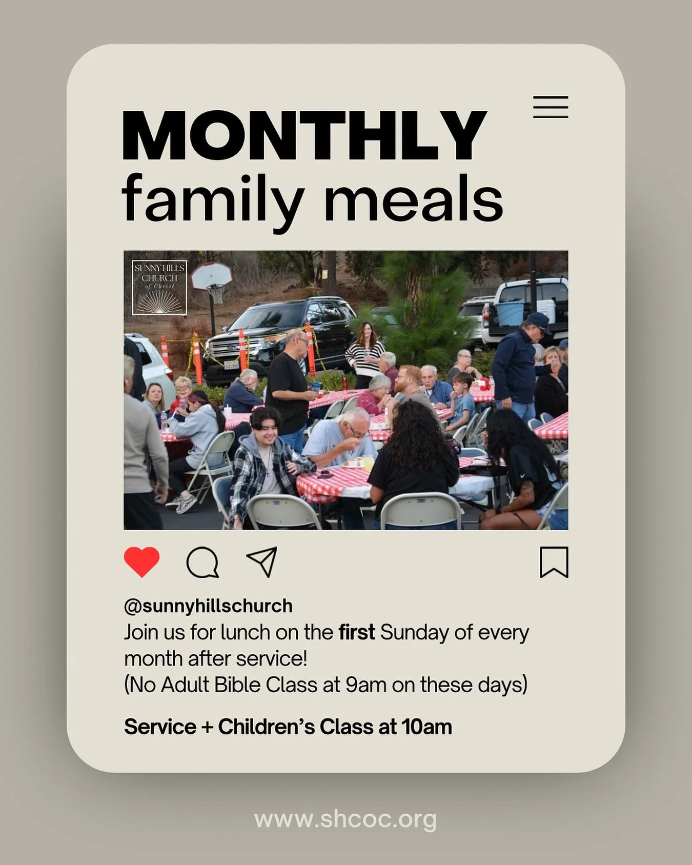 Did you know that our congregation gathers together to break bread with one another on the first Sunday of every month? 

We call this our monthly Family Meal. Our kitchen ministry gets together to prepare a meal for the congregation to enjoy togethe