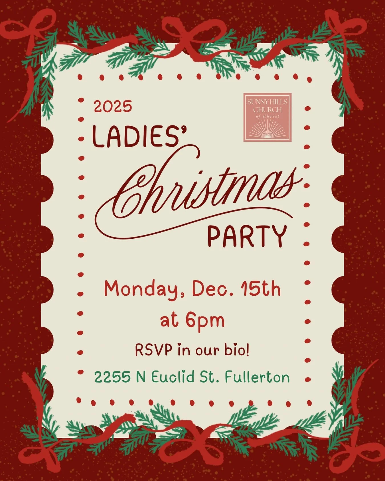Ladies Christmas Party 2025

Attention ladies &amp; girls of ALL ages! Our annual Ladies Christmas Party is on Monday, December 15th at 6pm. Join us for an evening of food &amp; fellowship! We ask that you bring a finger food appetizer OR dessert &am
