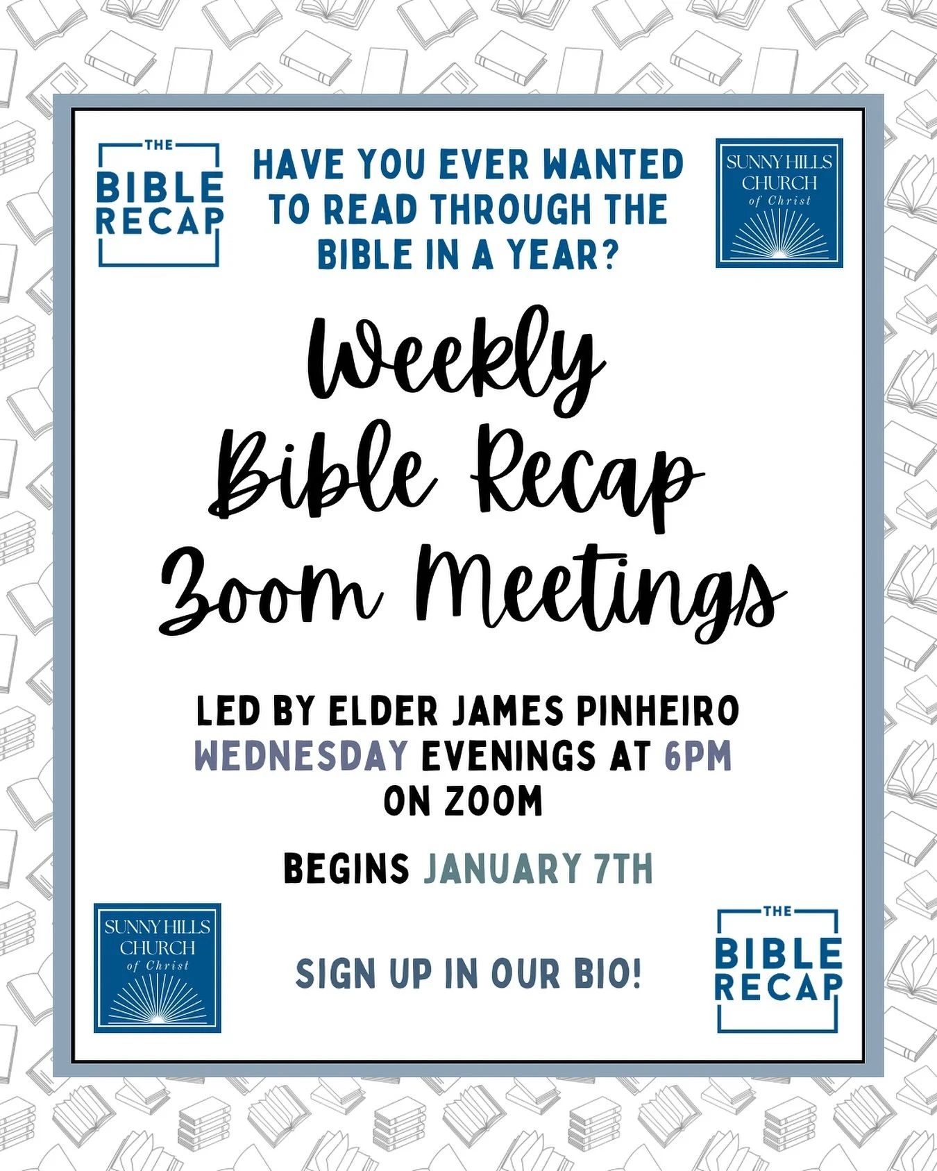Have you ever wanted to read through the Bible in a year?

One of our elders, James Pinheiro, is starting a weekly Zoom meeting for those interested in going through The Bible Recap. They will meet on Wednesdays at 6pm on Zoom starting on January 7th