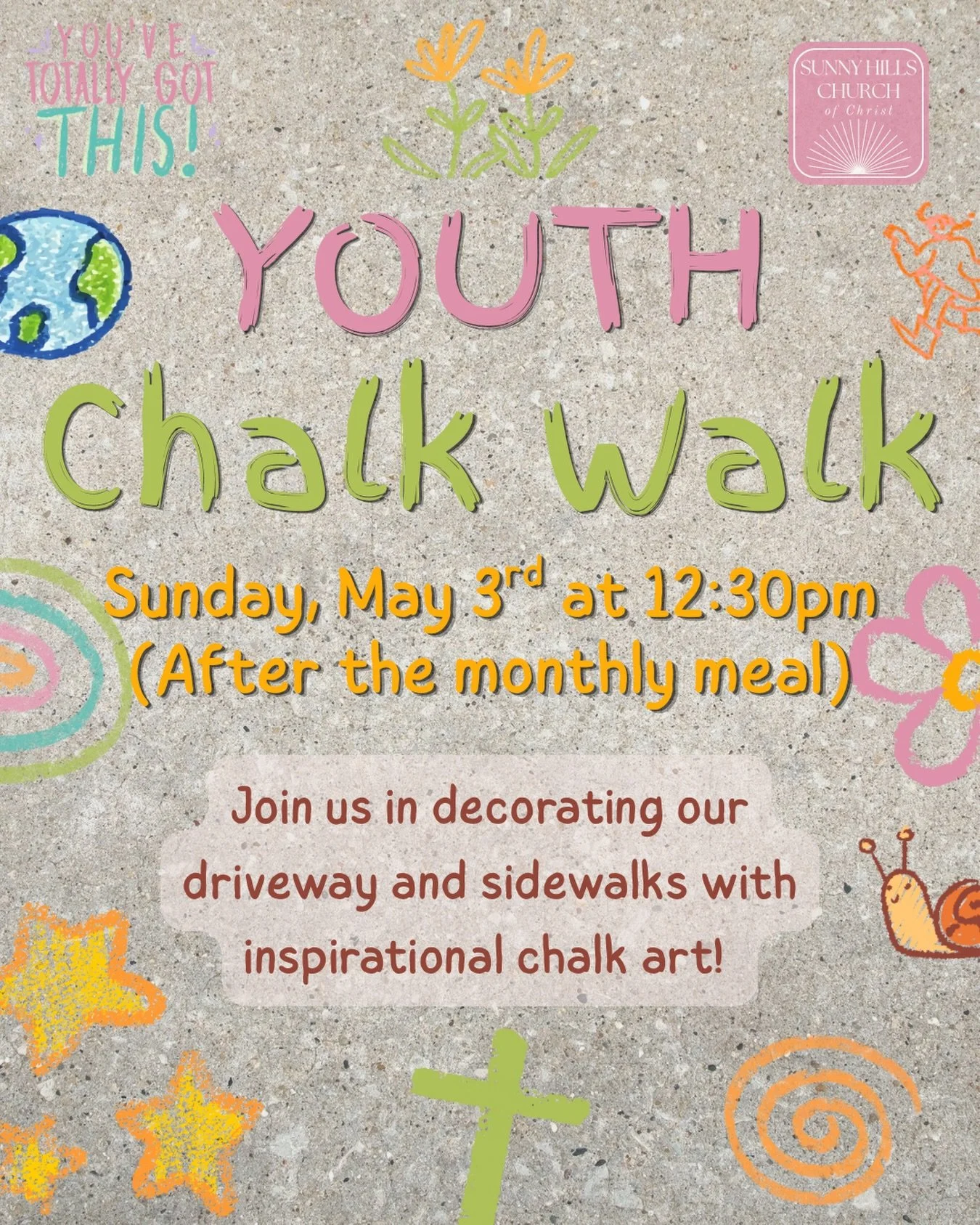 The YOUTH are hosting a Chalk Walk on Sunday, May 3rd at 12:30 PM (after the family meal)!

Unleash your creative side and join us in decorating our sidewalks and driveway with inspirational chalk art! Youth and families of all ages are welcome to jo
