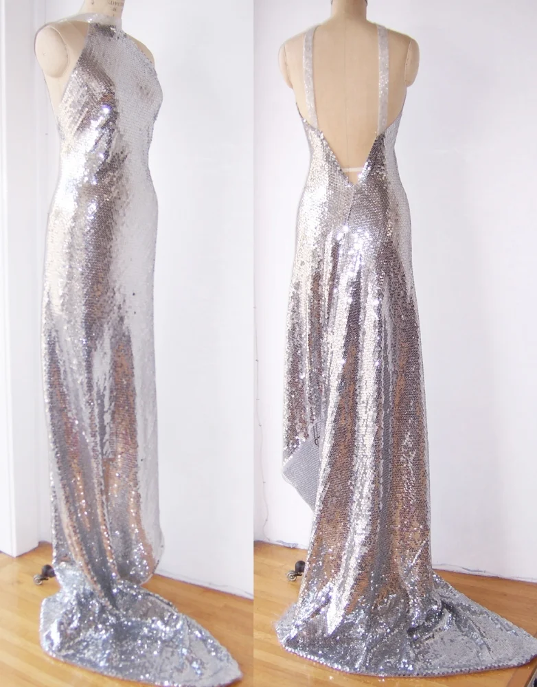 mirror sequins on Swiss silk organza