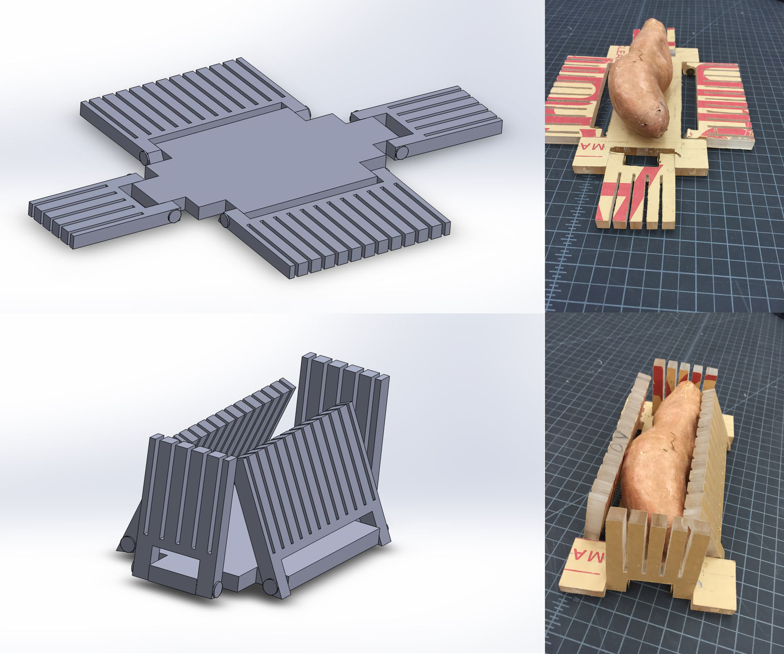Next I created my own designs. The size of my designs was determined by the FDA specs for sweet potatoes. A major concern was ease of storage. I designed this model to fold flat so it could be stored with cutting boards. This shows a SolidWorks model of the design and a slightly altered prototype.