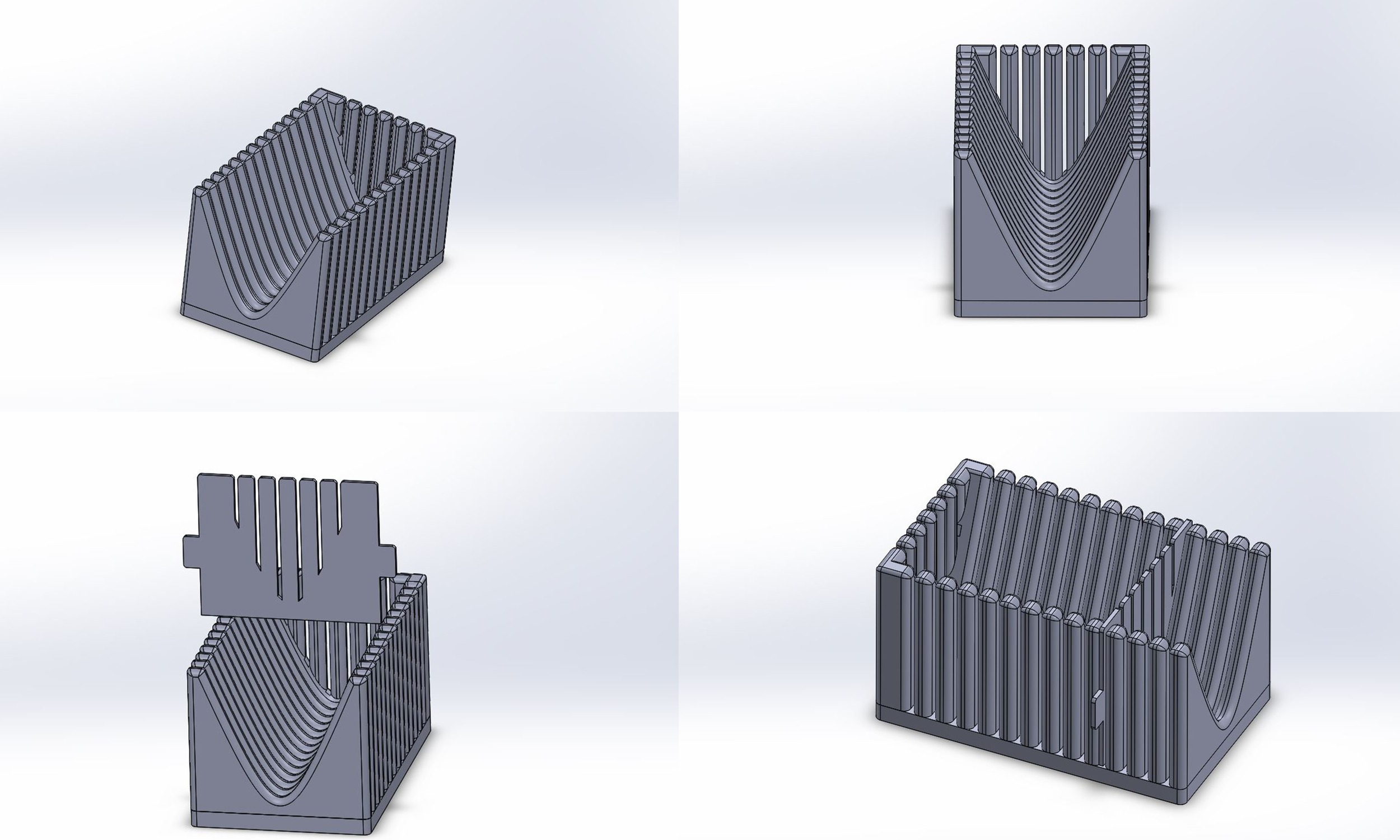 This is my third design and is very simple. The potato would be placed in the box and a removable wall would slide in to secure the potato. The user would then cut along each slot in both directions.