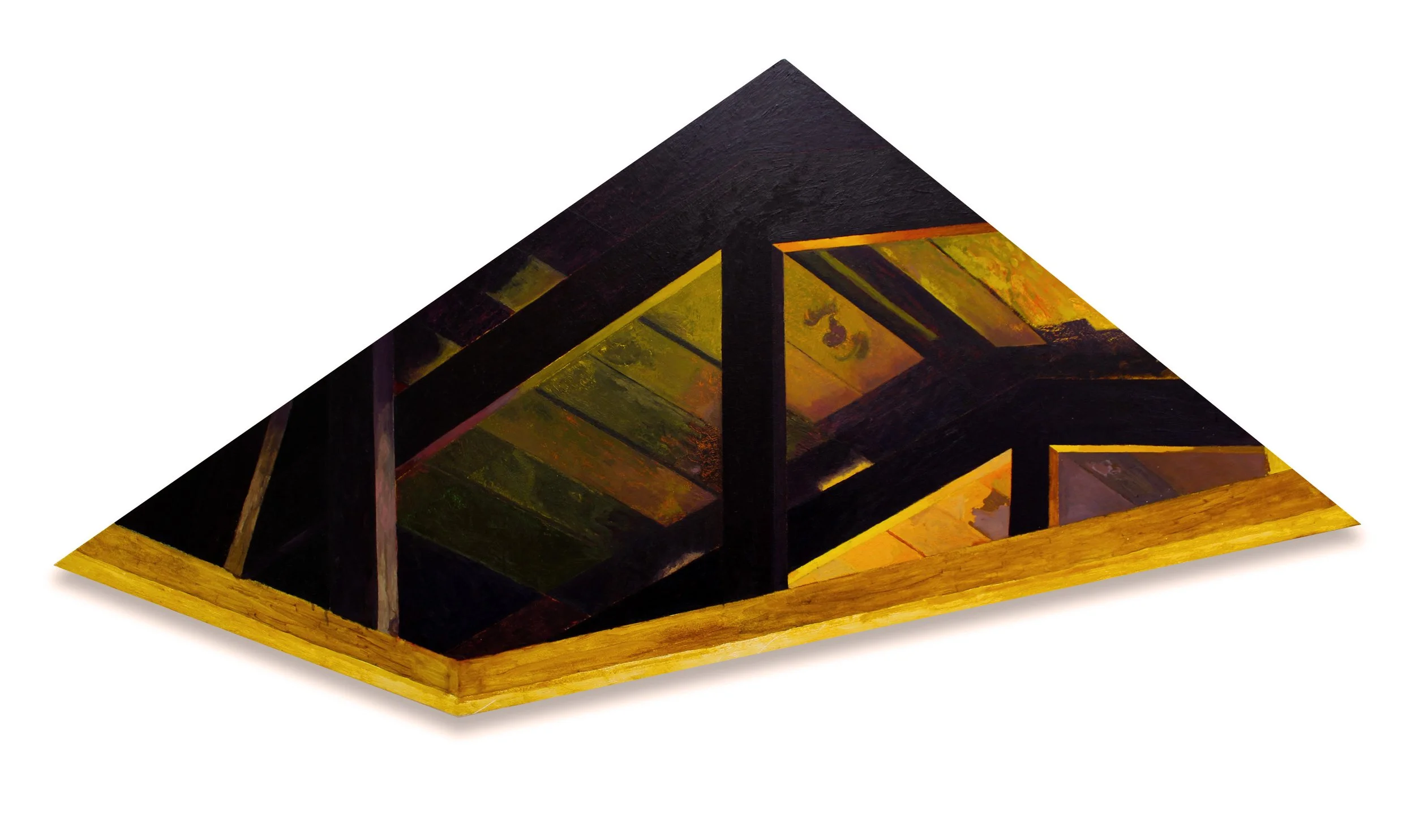 "Requiem (Attic)," 2024, Oil, wax, canvas, on shaped wood panel, 36 x 72 inches