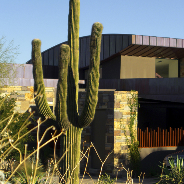 Located at the foot of Pinnacle Peak in Scottsdale, Arizona, this residence manifests the creativity found throughout the Phoenix region. The wing-shaped roofline of the residence inspired creative solutions, with a water cascade at the mountain sid