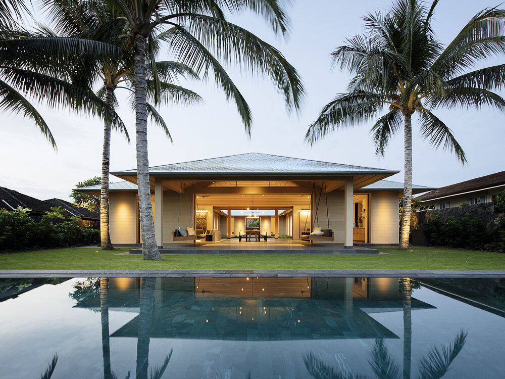 The site is situated on stone bluffs facing the ocean with expansive views up and down the coastline. The garden is introduced with an intimate courtyard directing the eye to the great room of the home. Beyond the great room is a large lawn with a p