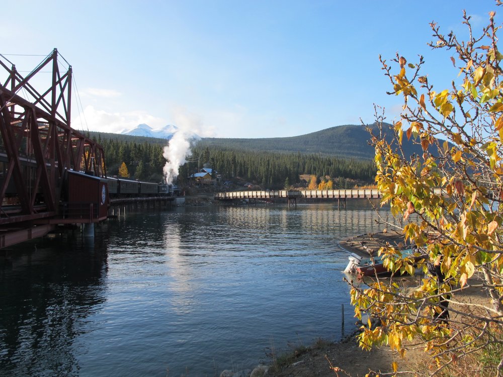 Carcross bridge and White Pass steam train