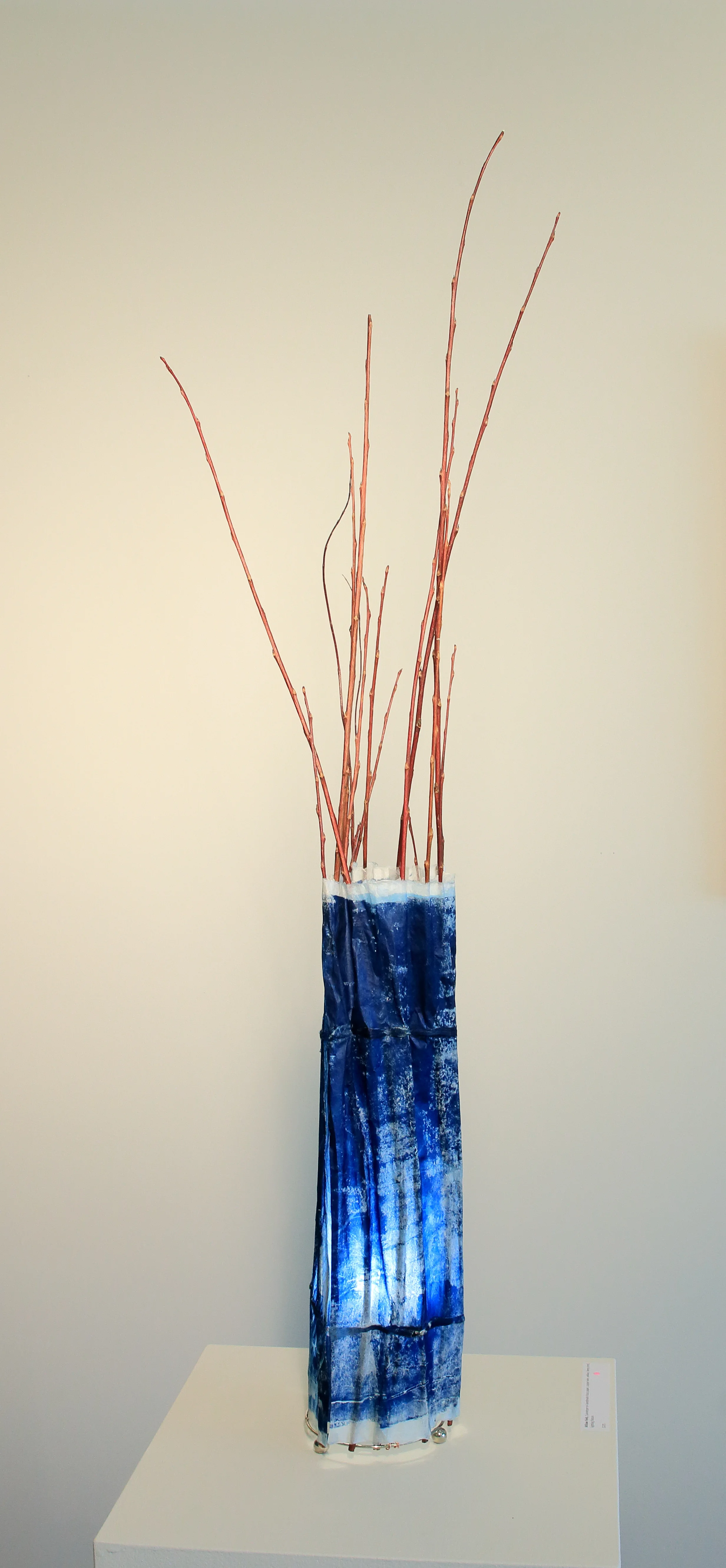 Willow Lamp with cyanotype printed handmade Kozo paper, 30"x7"x7"