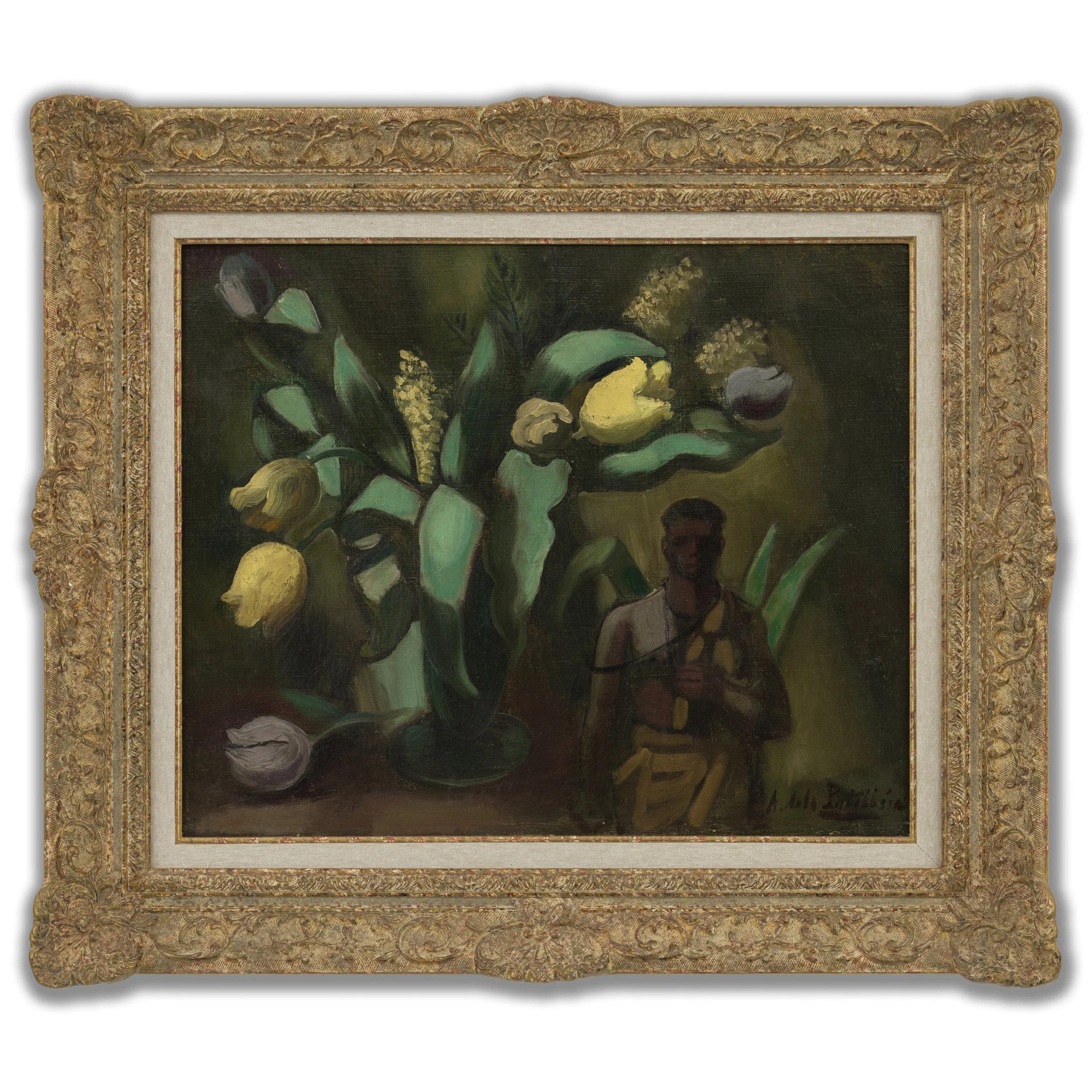 Amédée de La Patellière, 'Bouquet of Tulips with a Statue of a Man', 1925