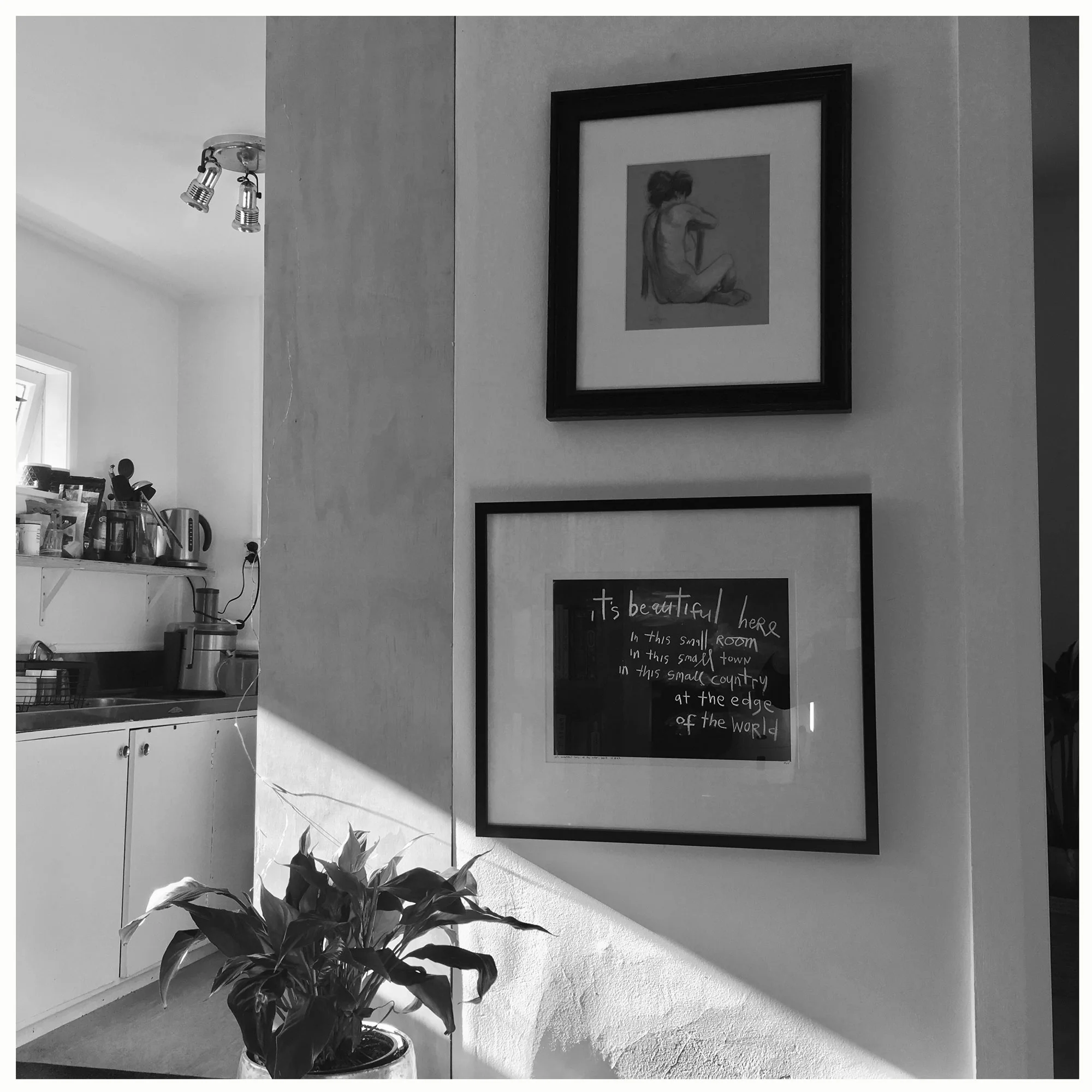 t It’s beautiful here at the edge, 2018 sitting sweetly underneath a lovely nude in a bijou apartment in Wellington. // Custom-framed A3 studioprint