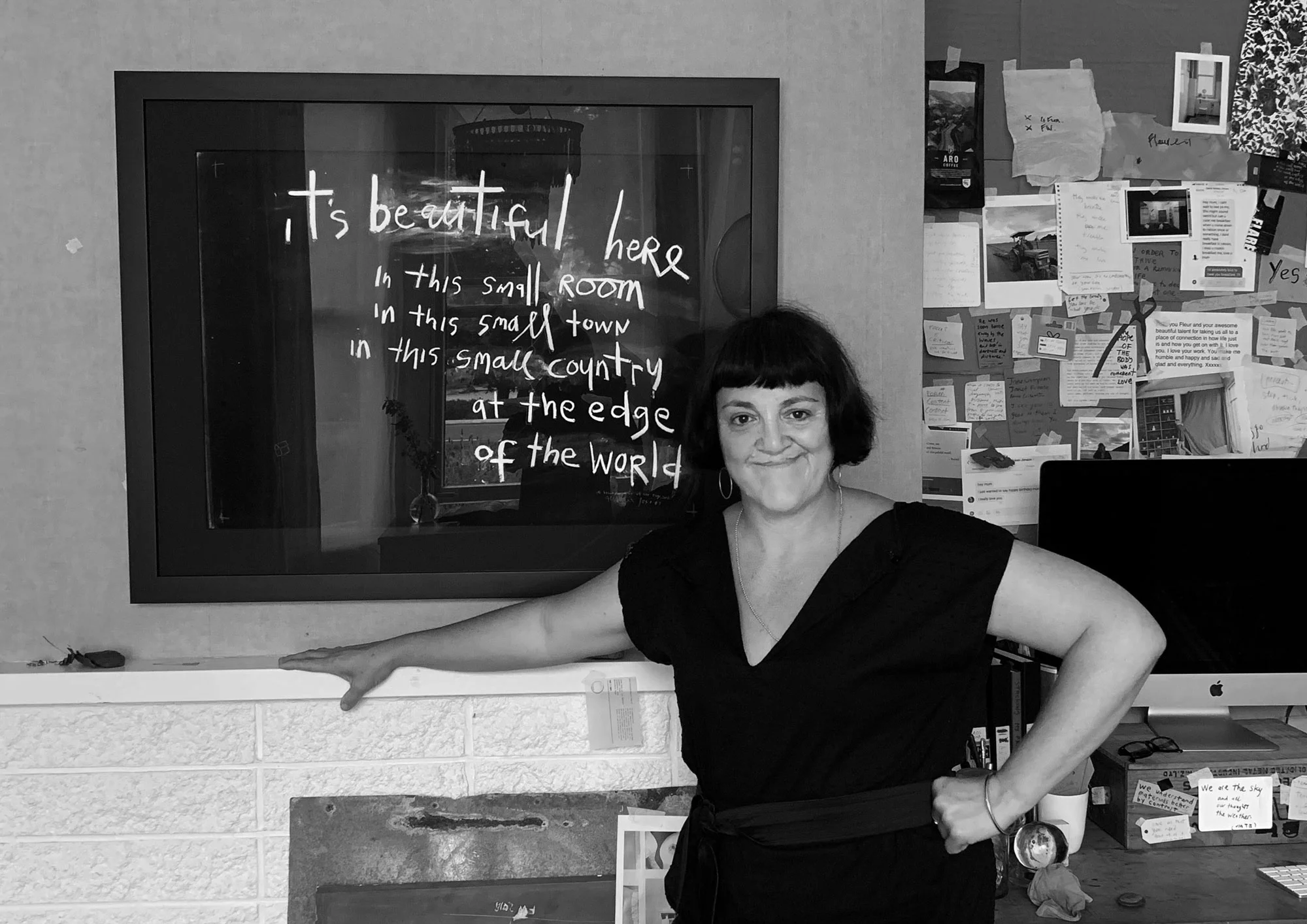 Copy of A1, framed black on black, with me in my workroom