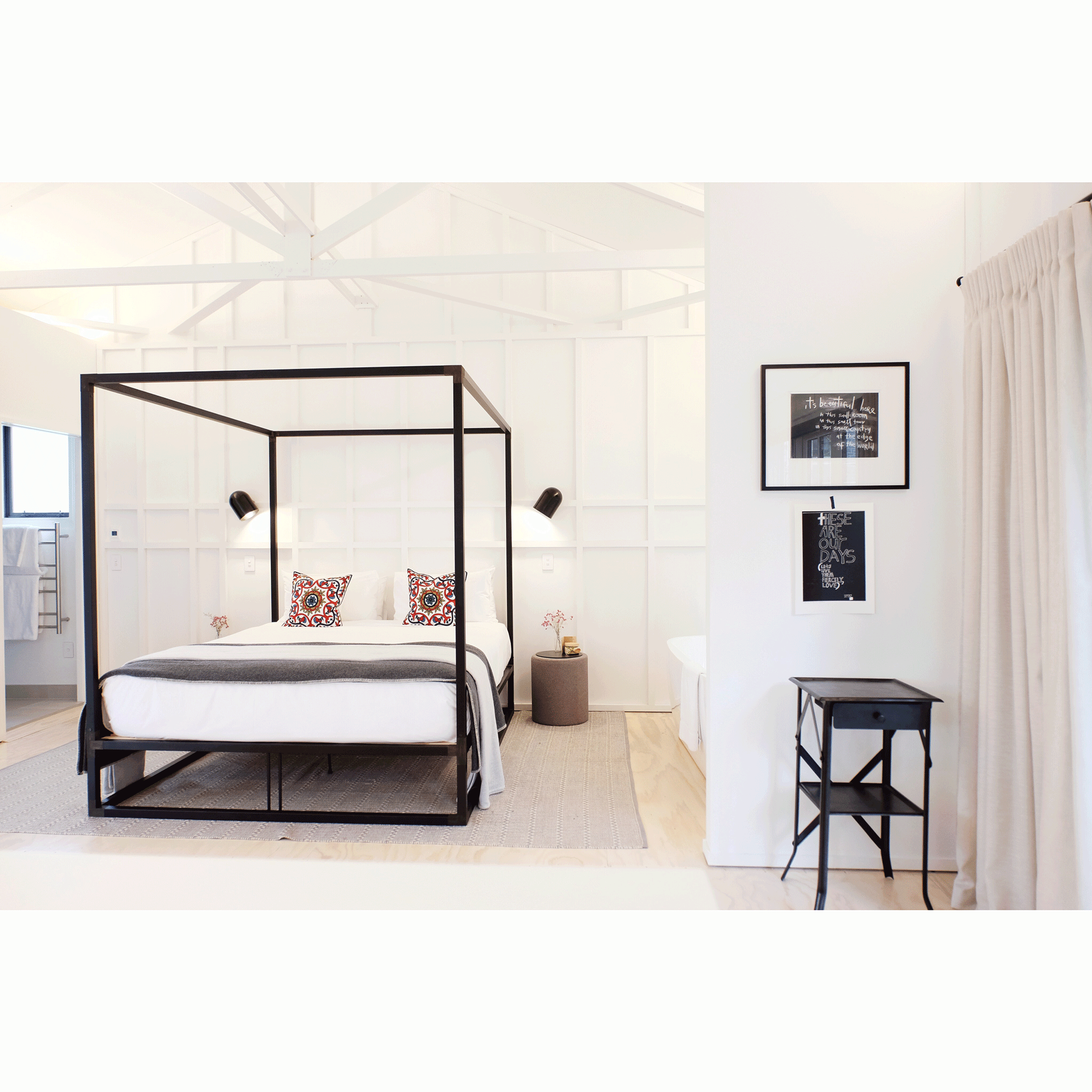 I was thrilled when Julie bought two artworks of mine for her gorgeous B&B, Tack Rooms in Christchurch. It’s beautiful here at the edge, 2018 sits, custom-framed, above the casually taped these are our days, 2014 . // Photograph: Julia Atikinson-Dunne, StudioHome