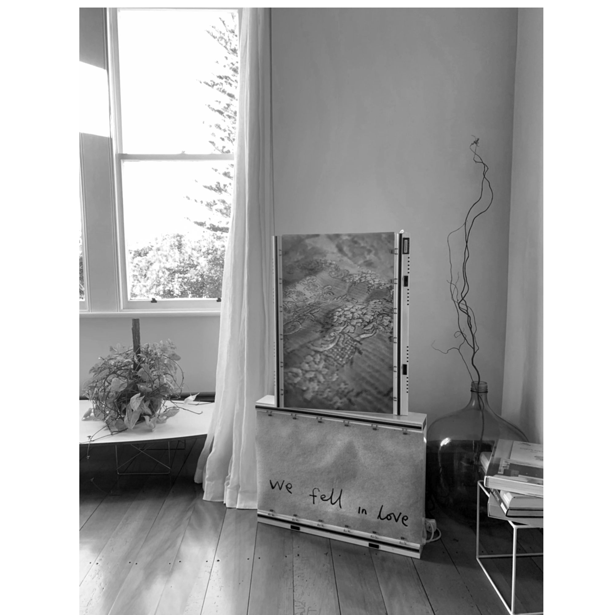 Our bedcover, 2019 & We fell in love, 2019 , installed on lightboxes especially to suit the vibe in Carolyn’s home.