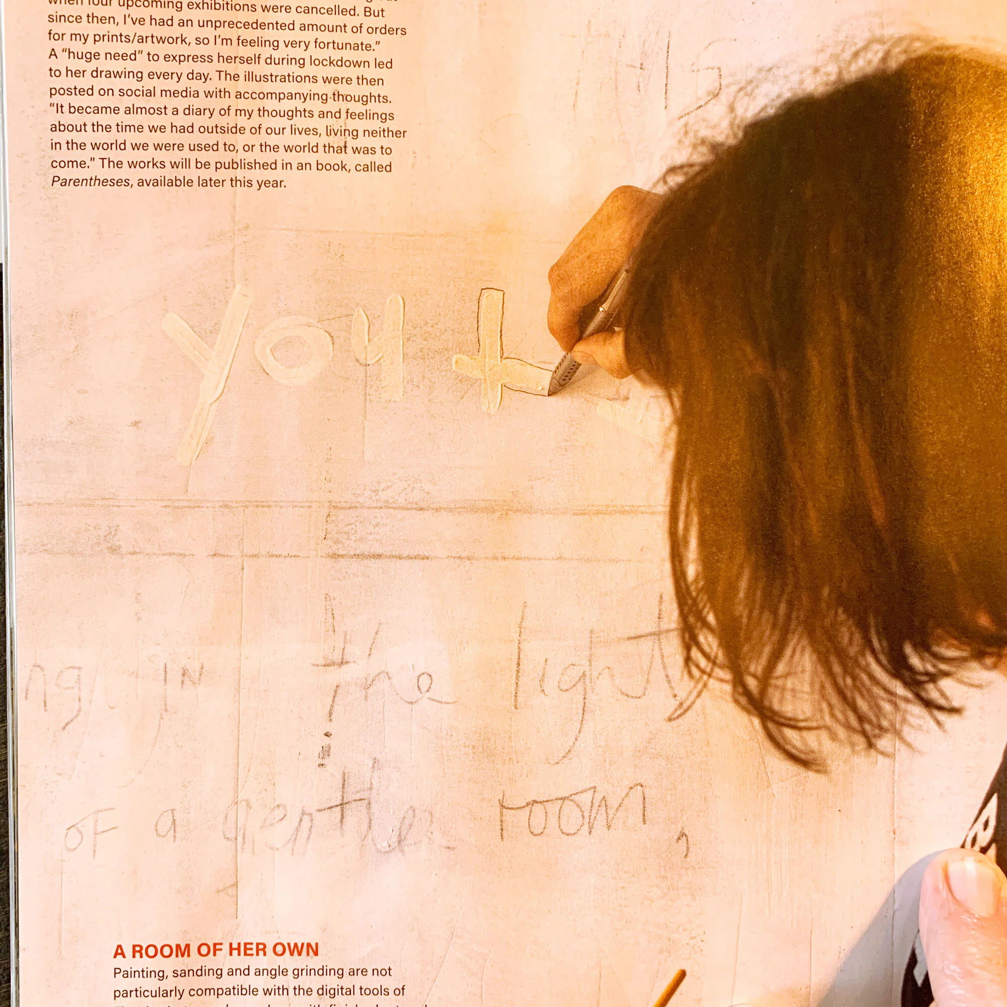  LOVE POEM  When Tracey came to make the photographs I was in the middle of making this painting,  Love Poem .  I absolutely love making marks in paint.  This artwork’s got the same words as   the hope of my body   but I call it love poem because this iteration of the words is more tender.  Gentler.  I made it thinking of my partner and our love.  For literally thirty years I’ve had a James K Baxter poem from Pig Island Letters above my workdesk.  Part of the poem is “the hope of the body was coherent love”.  I’ve spent three decades trying to understand exactly what Baxter meant by those words, all the while very much wishing I could have that kind of love for my own - a love my body could understand.  Last year I finally understood, I finally found a love like that.  This is the poem I wrote both in response to Baxter, and to the love between my partner and I.  This is a very personal painting, large in scale. Been seen in real life to really appreciate the subtle marks and details. 